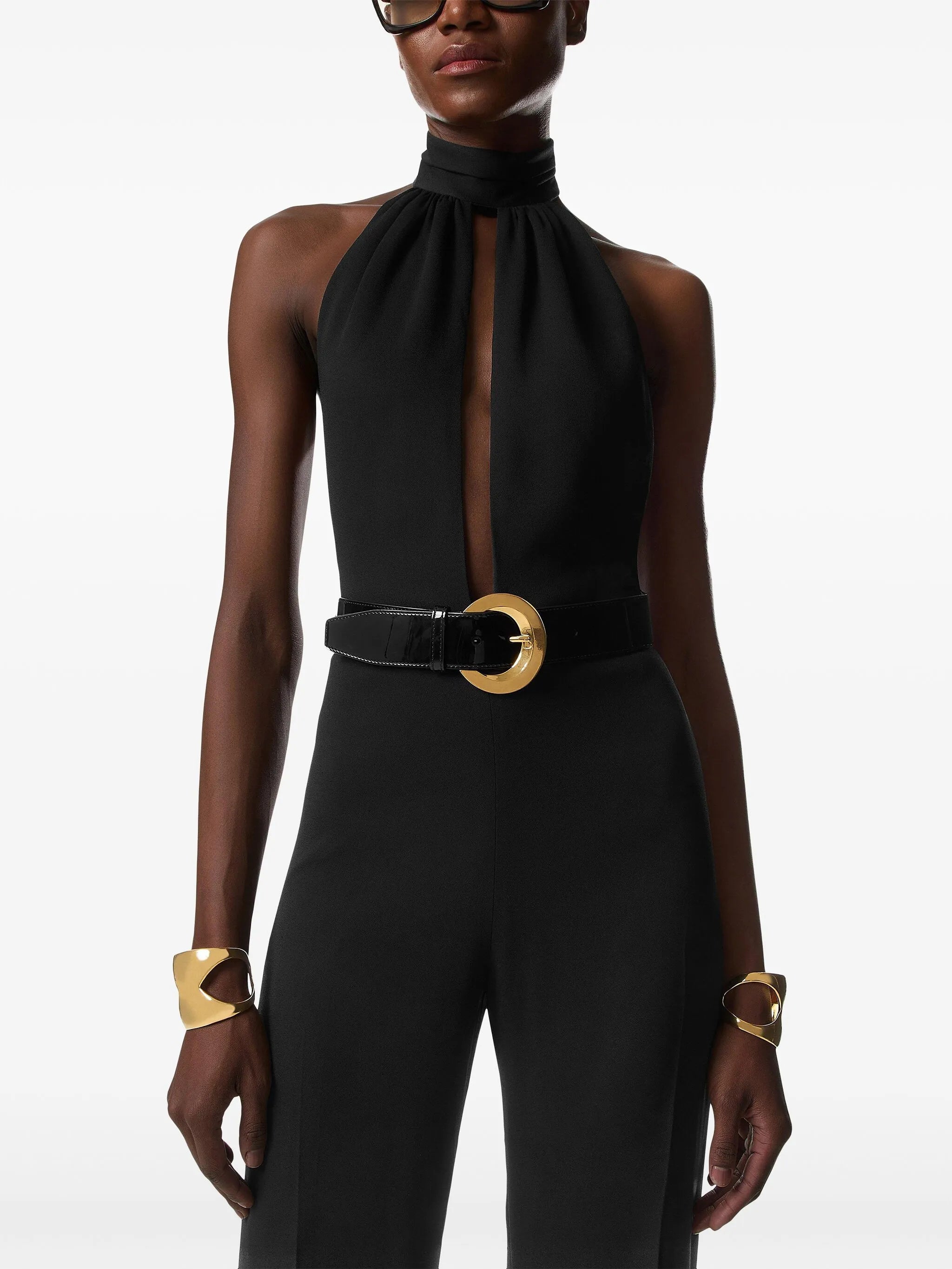 halterneck belted jumpsuit