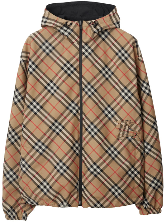Check reversible zip-front hooded jacket