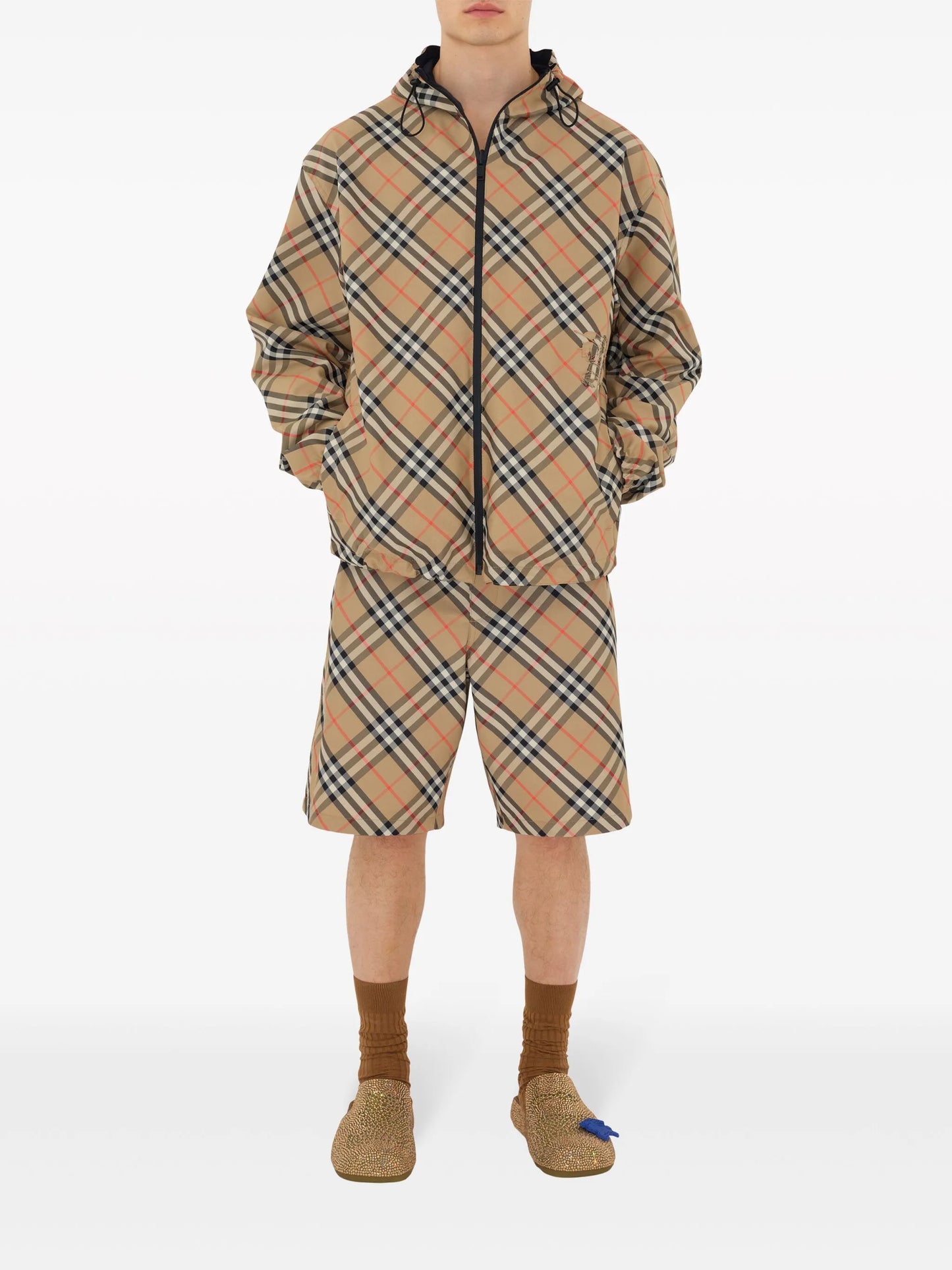 Check reversible zip-front hooded jacket