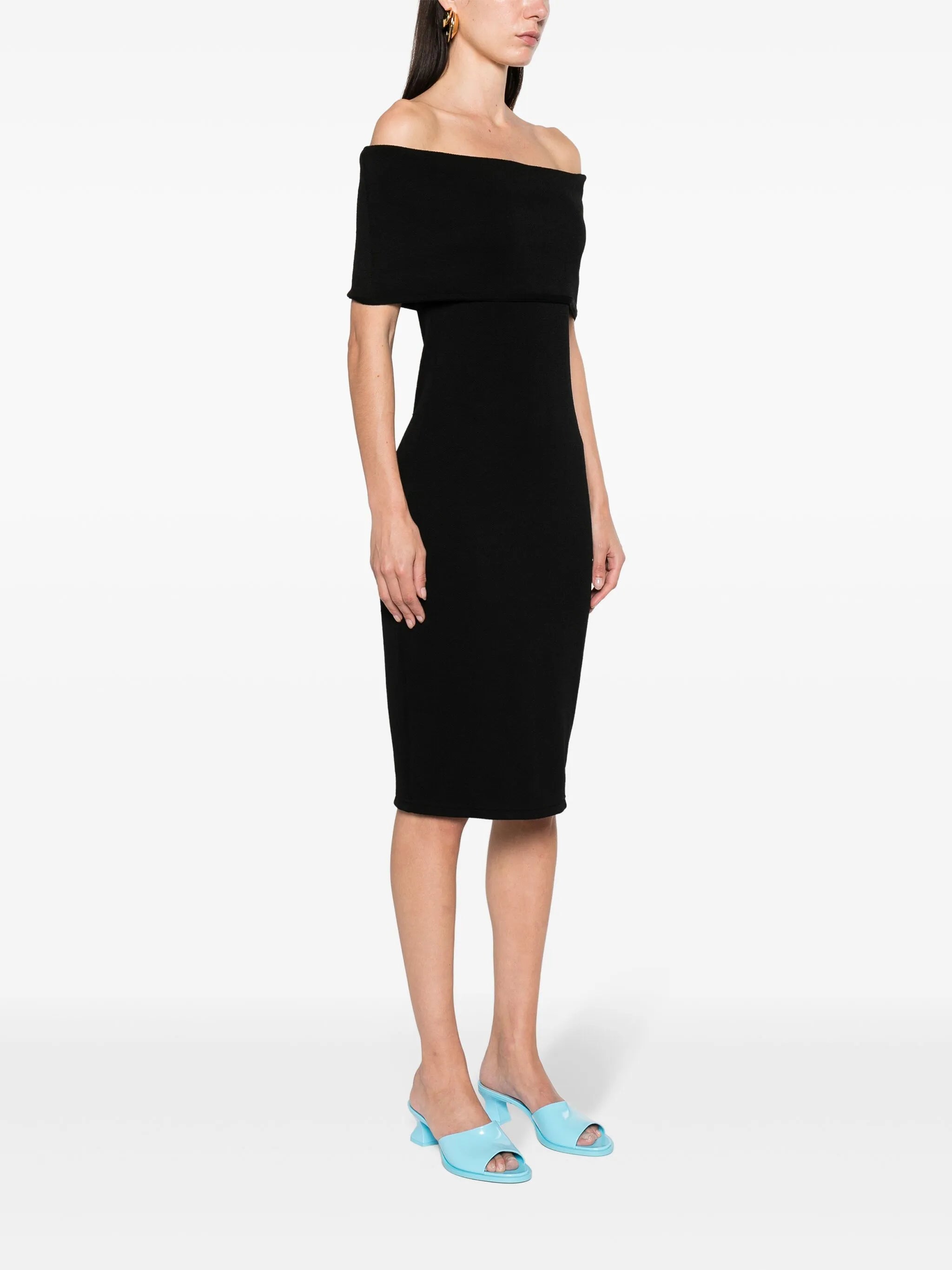off-shoulder textured midi dress