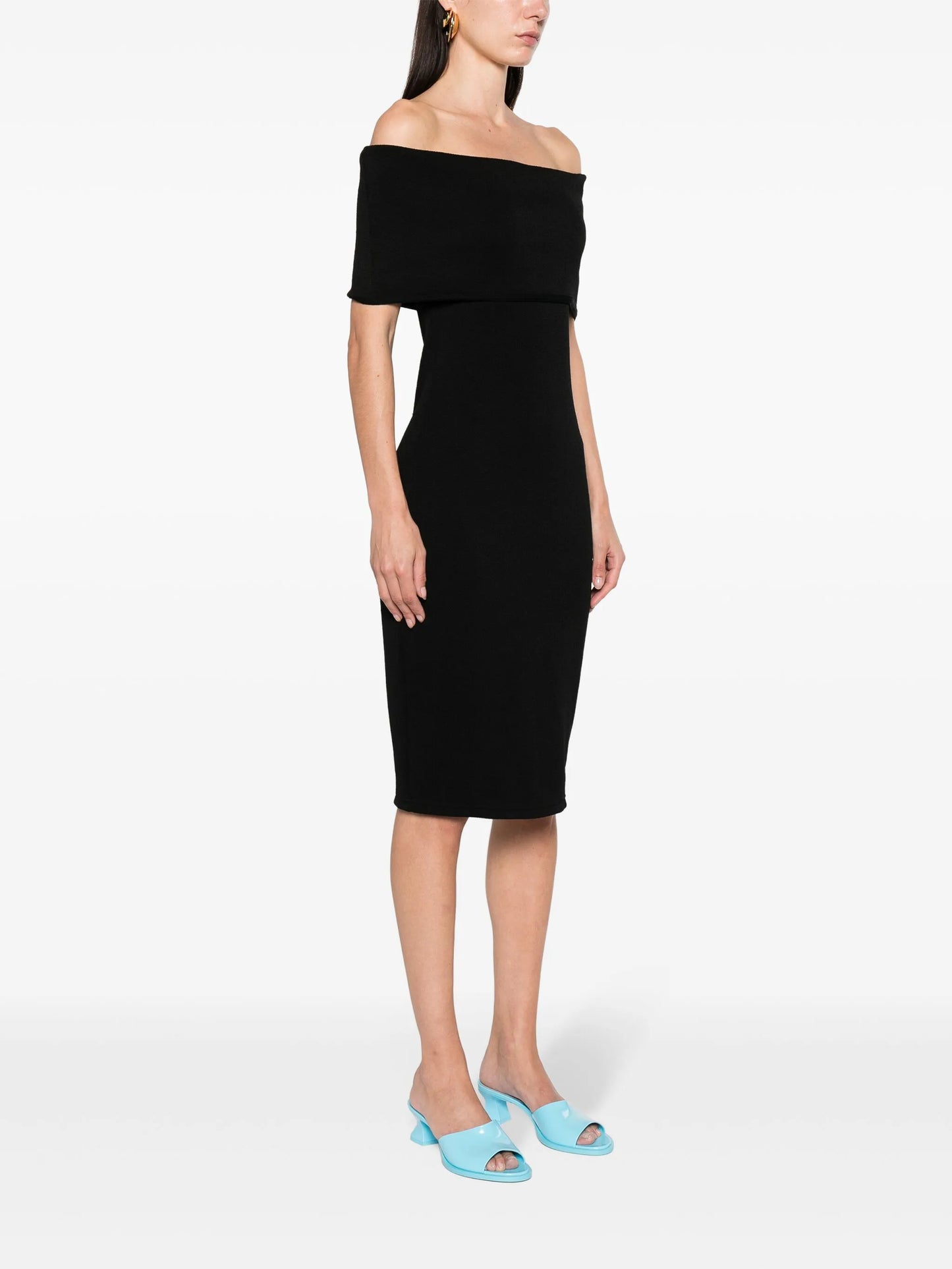 off-shoulder textured midi dress