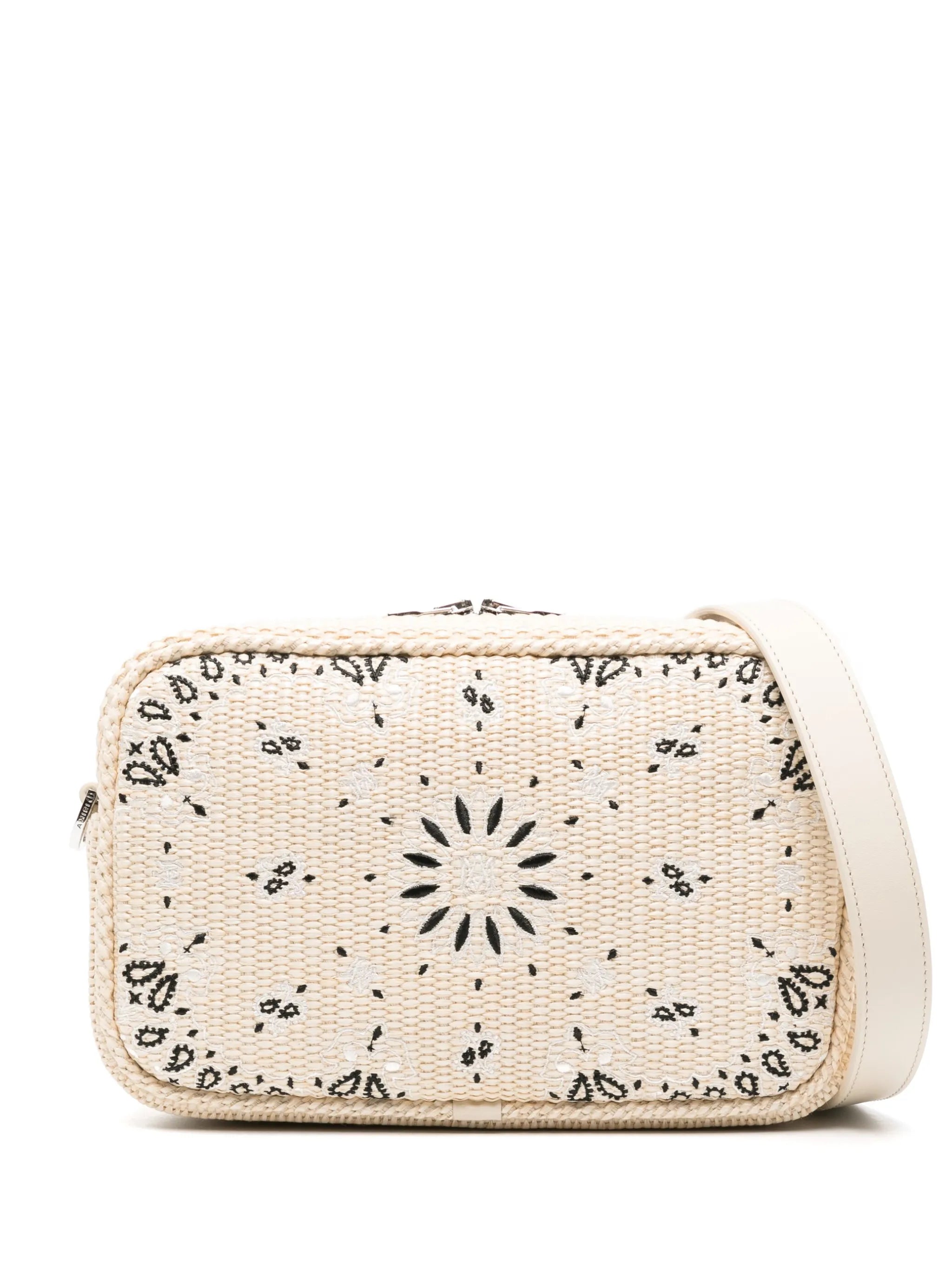 paisley-embroidered raffia messenger bag