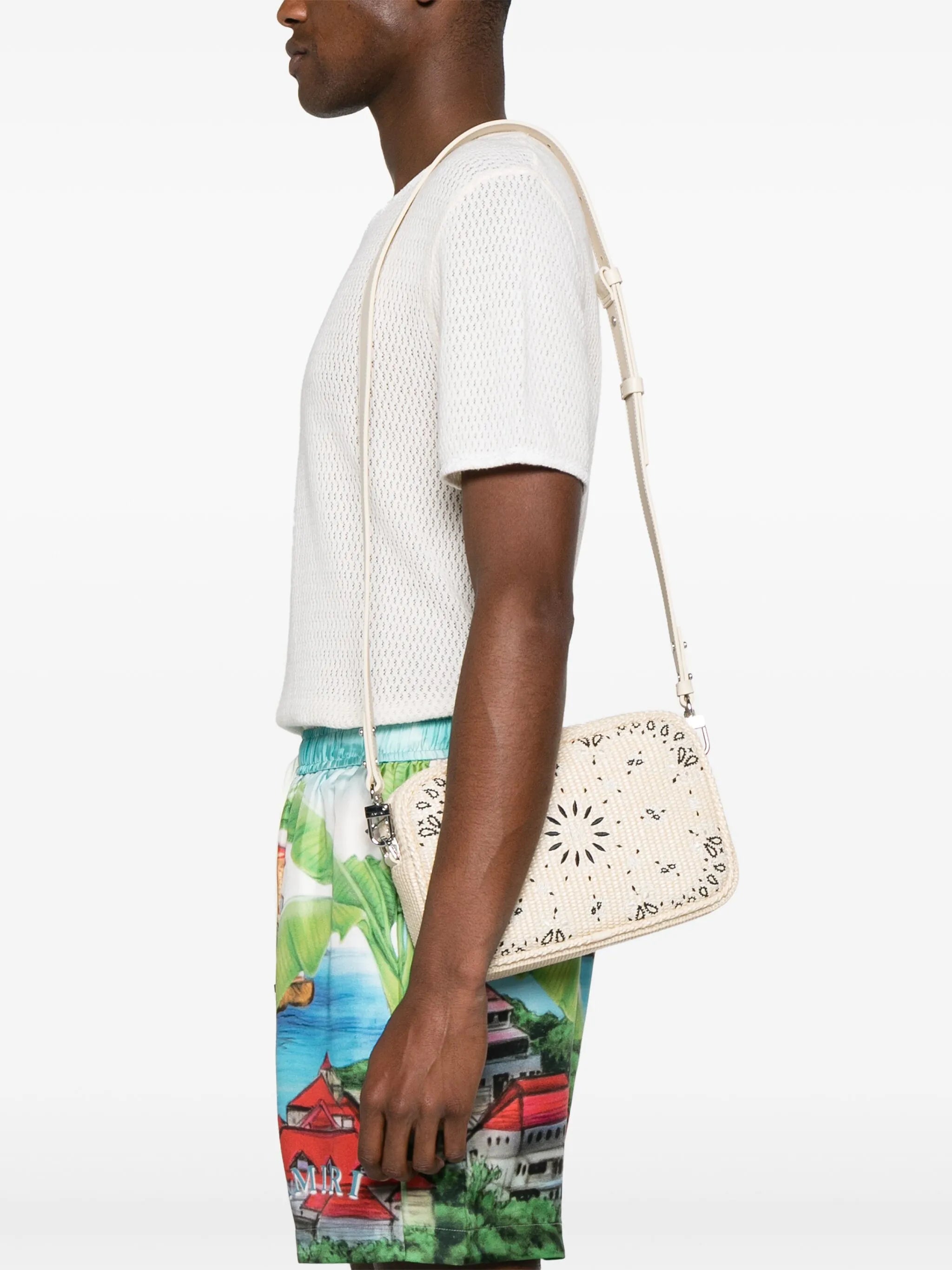 paisley-embroidered raffia messenger bag