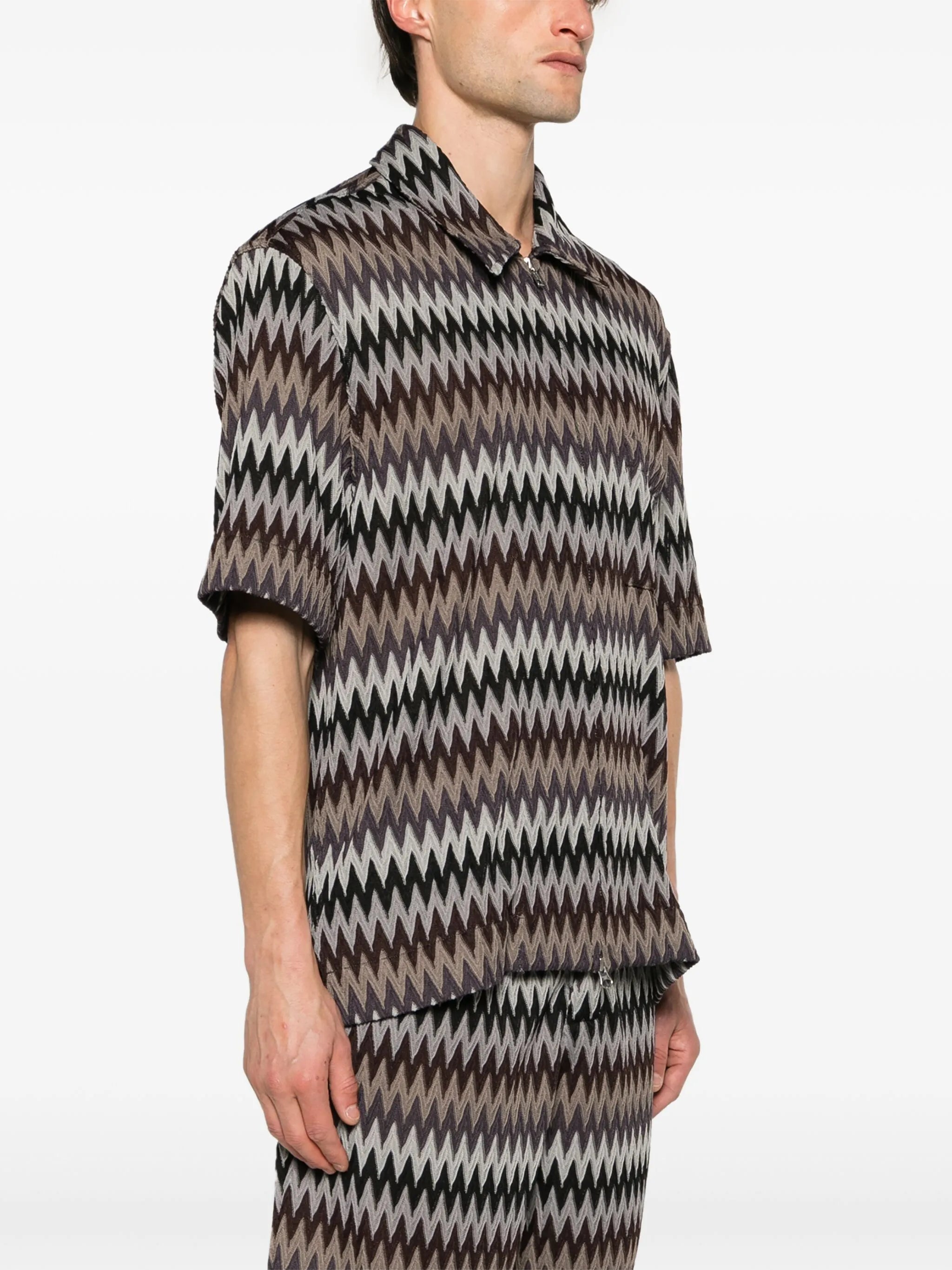 chevron-knit zip-up shirt