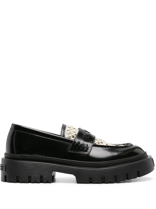 Jumbo raffia-panel leather loafers