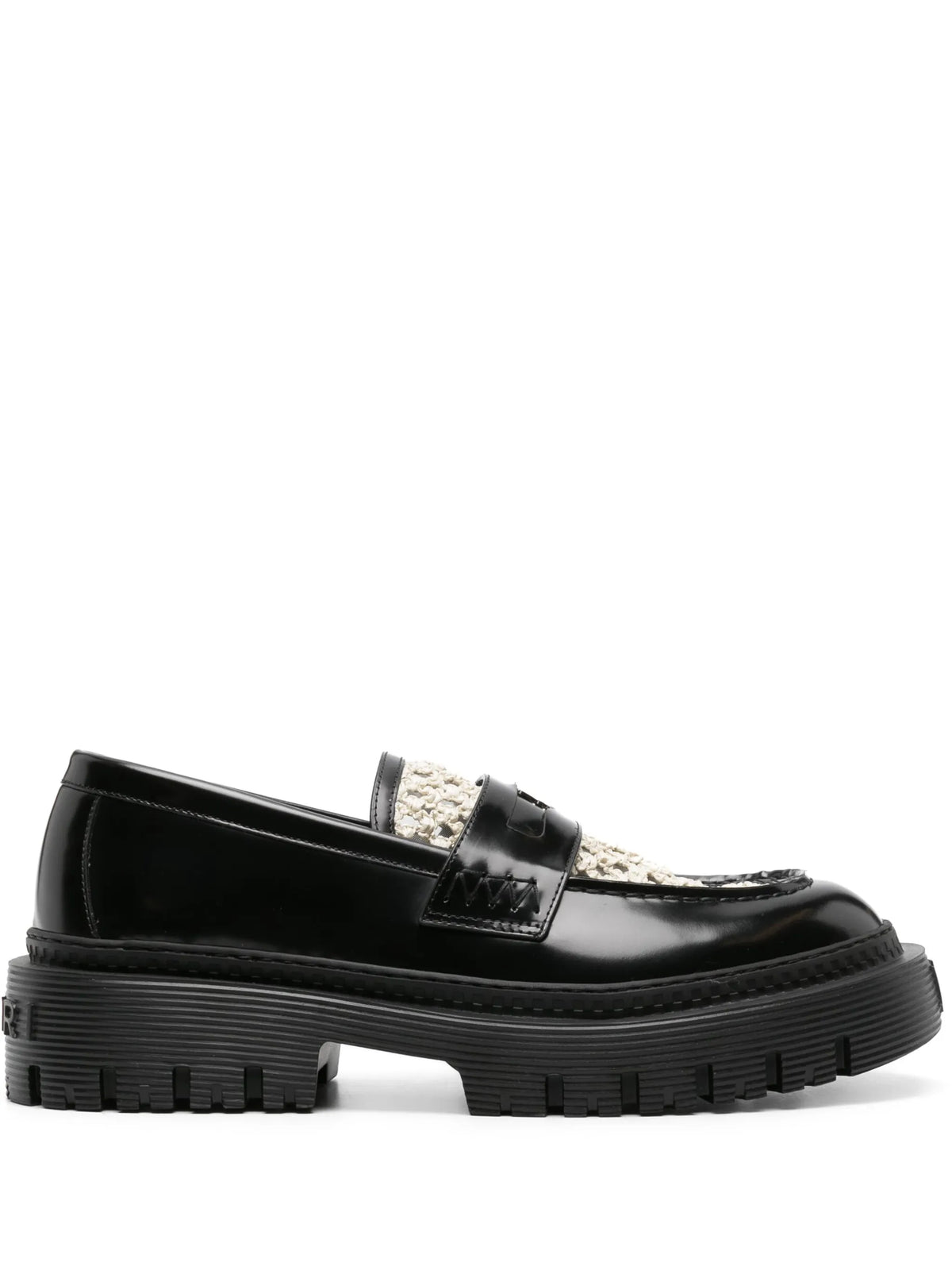 Jumbo raffia-panel leather loafers