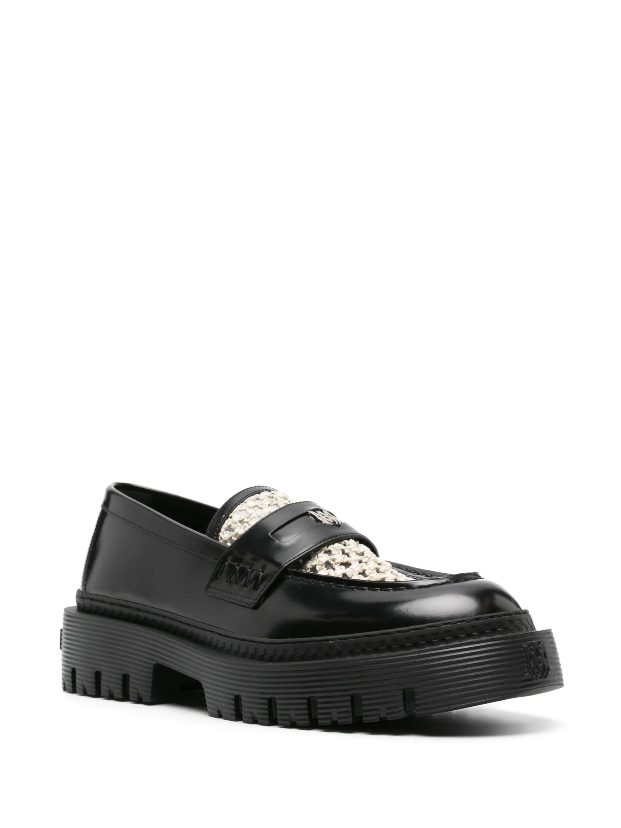 Jumbo raffia-panel leather loafers