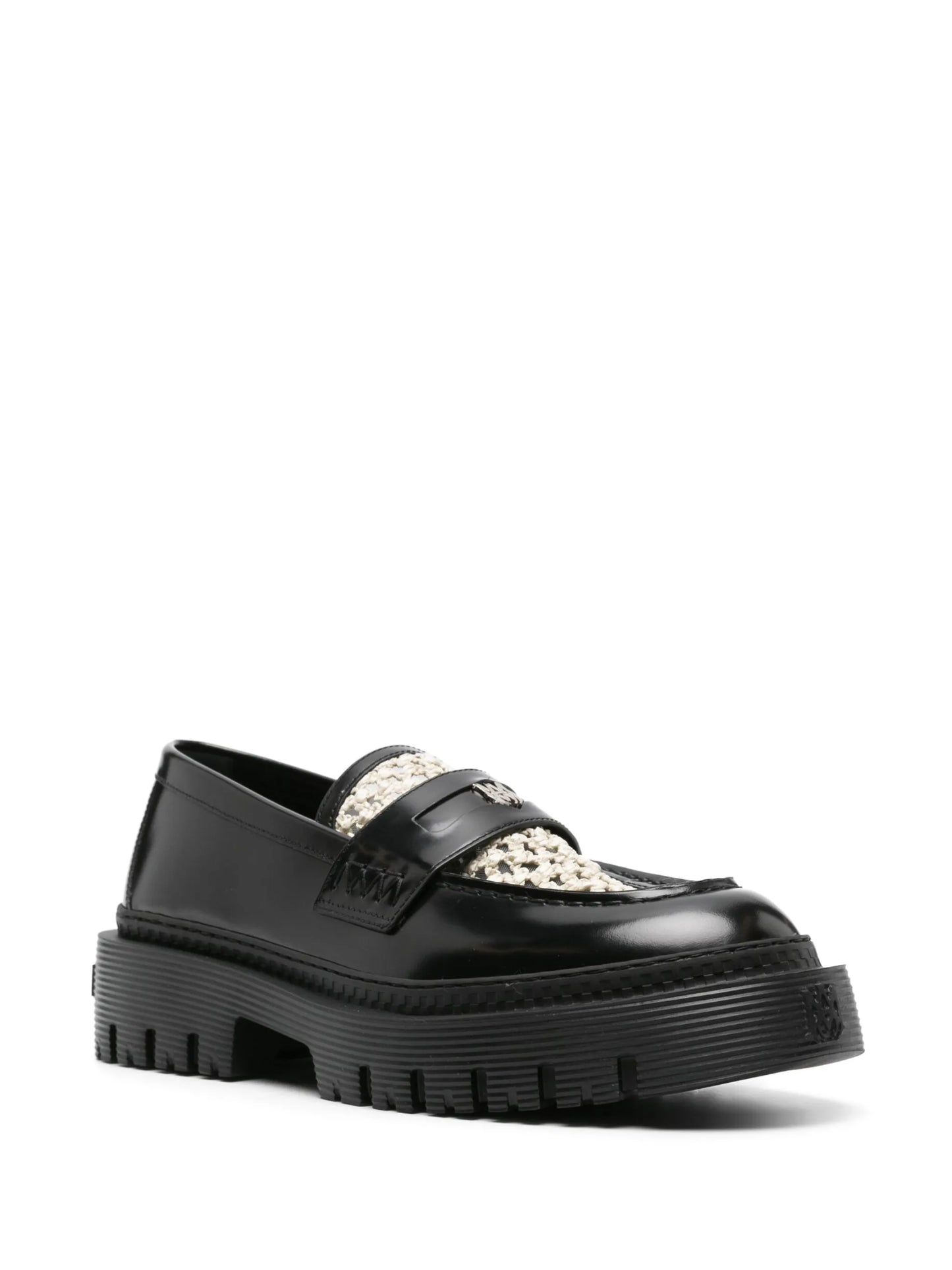 Jumbo raffia-panel leather loafers