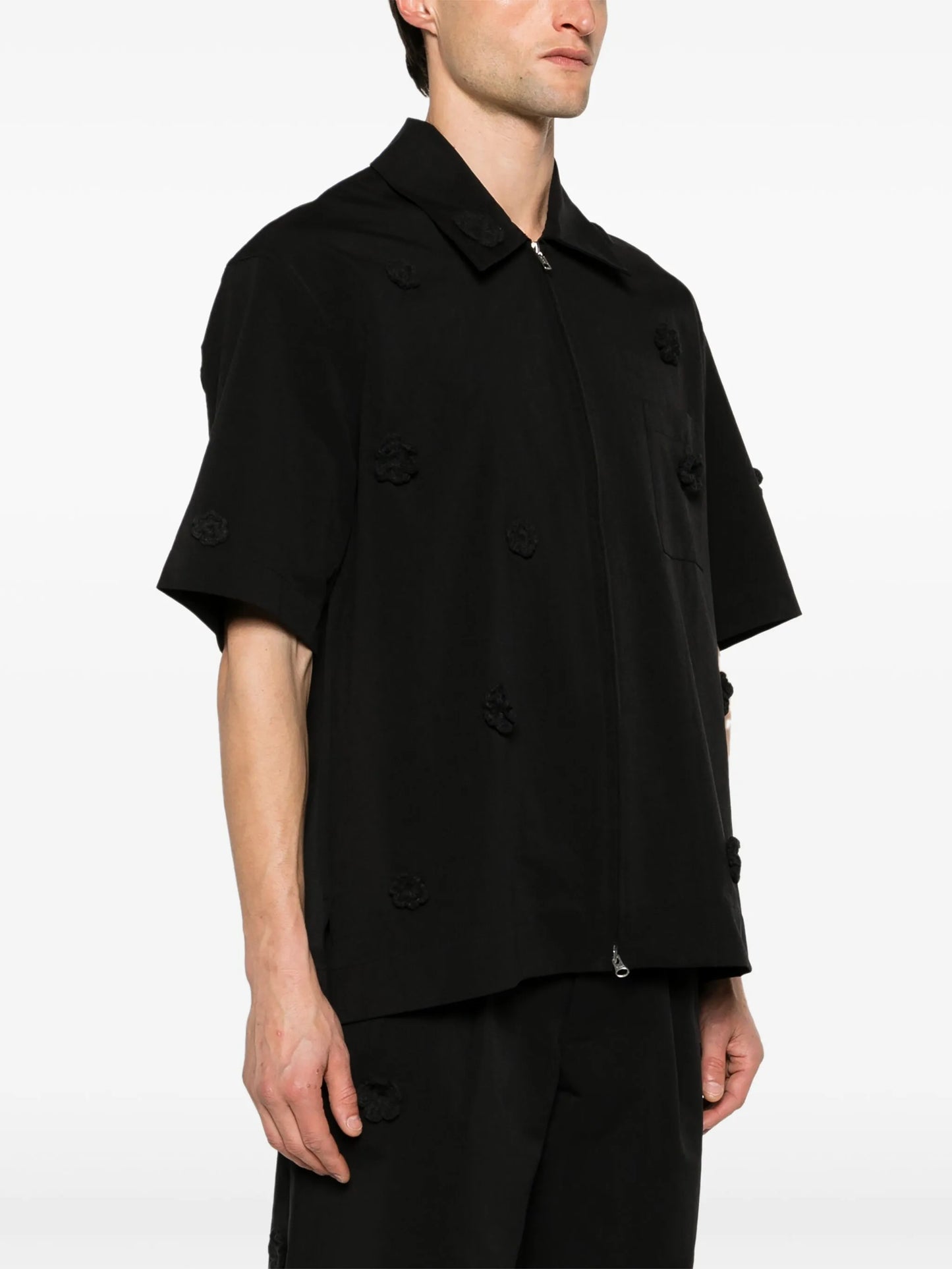 floral-appliqué zip-up shirt