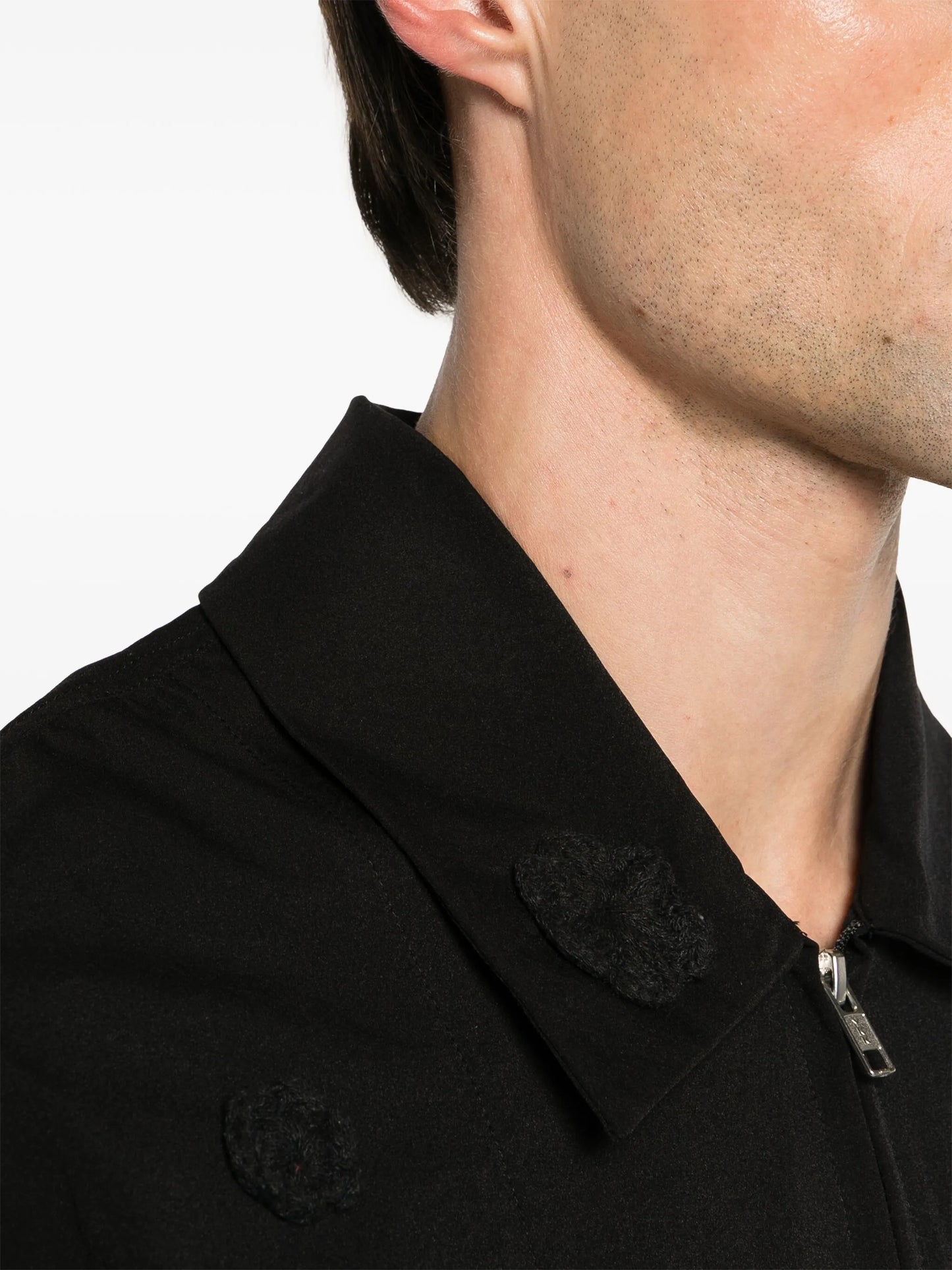 floral-appliqué zip-up shirt