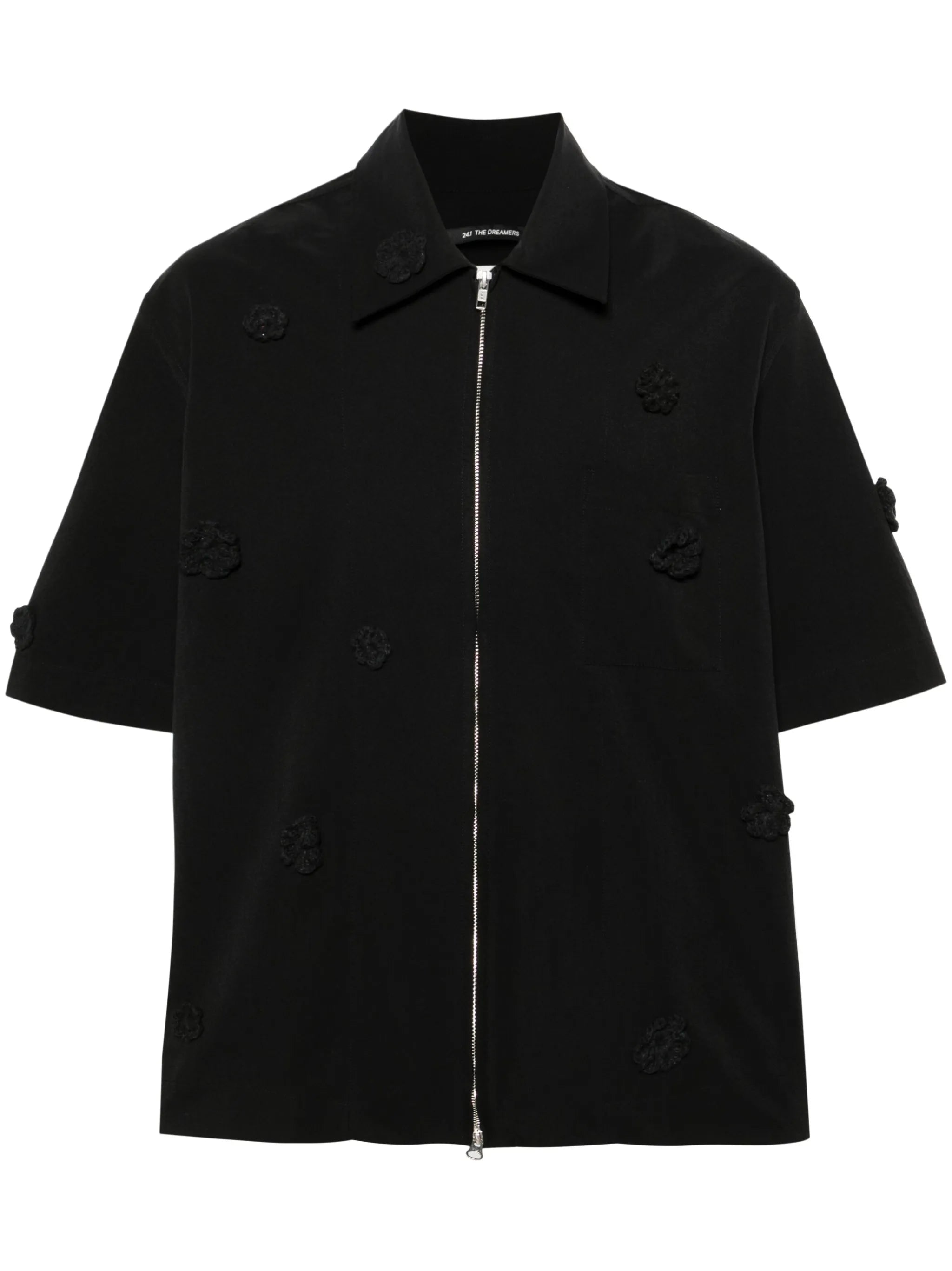 floral-appliqué zip-up shirt