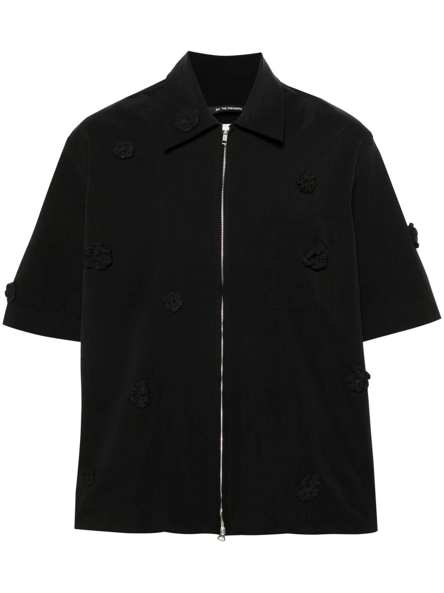 floral-appliqué zip-up shirt