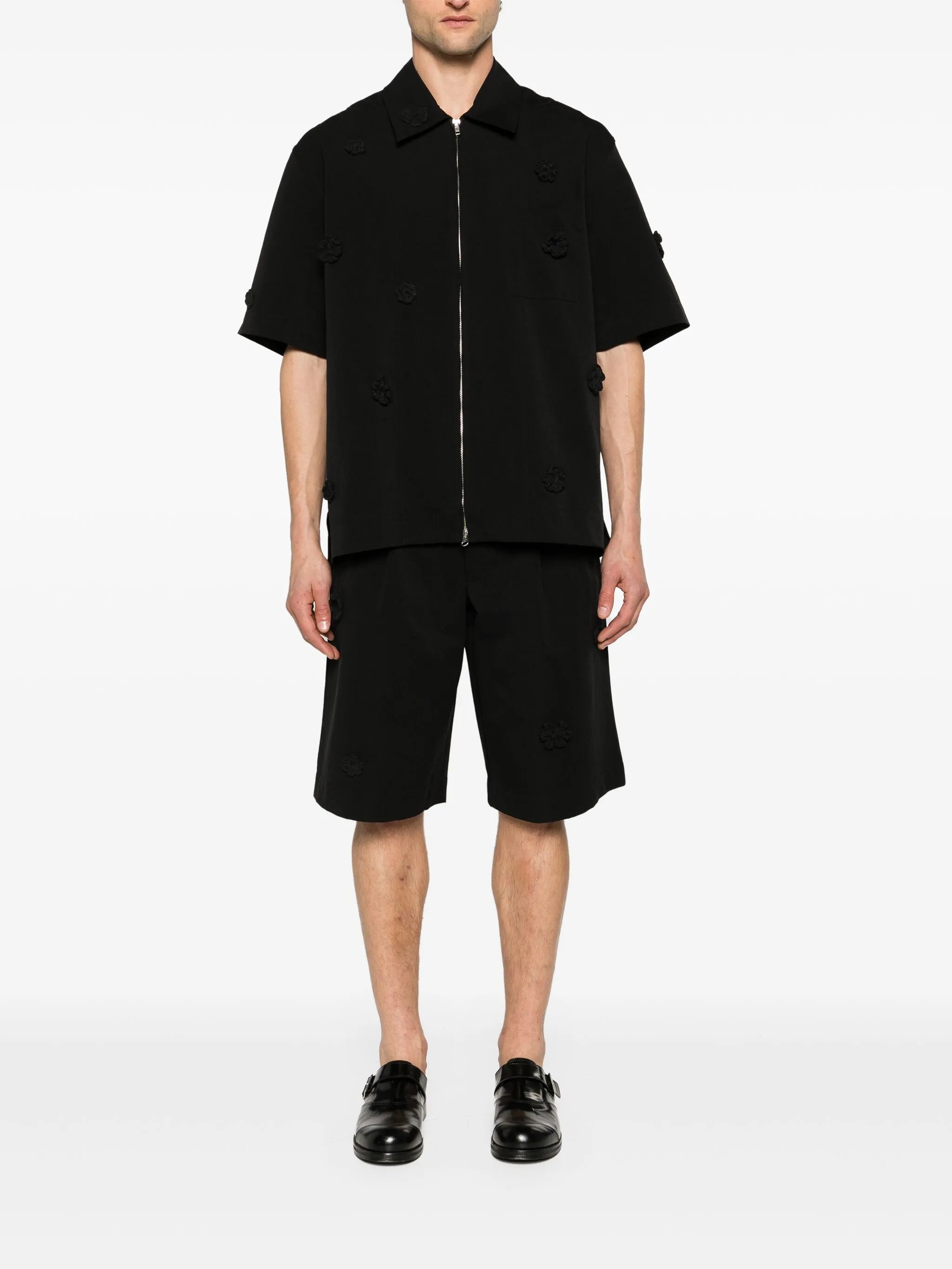 floral-appliqué zip-up shirt