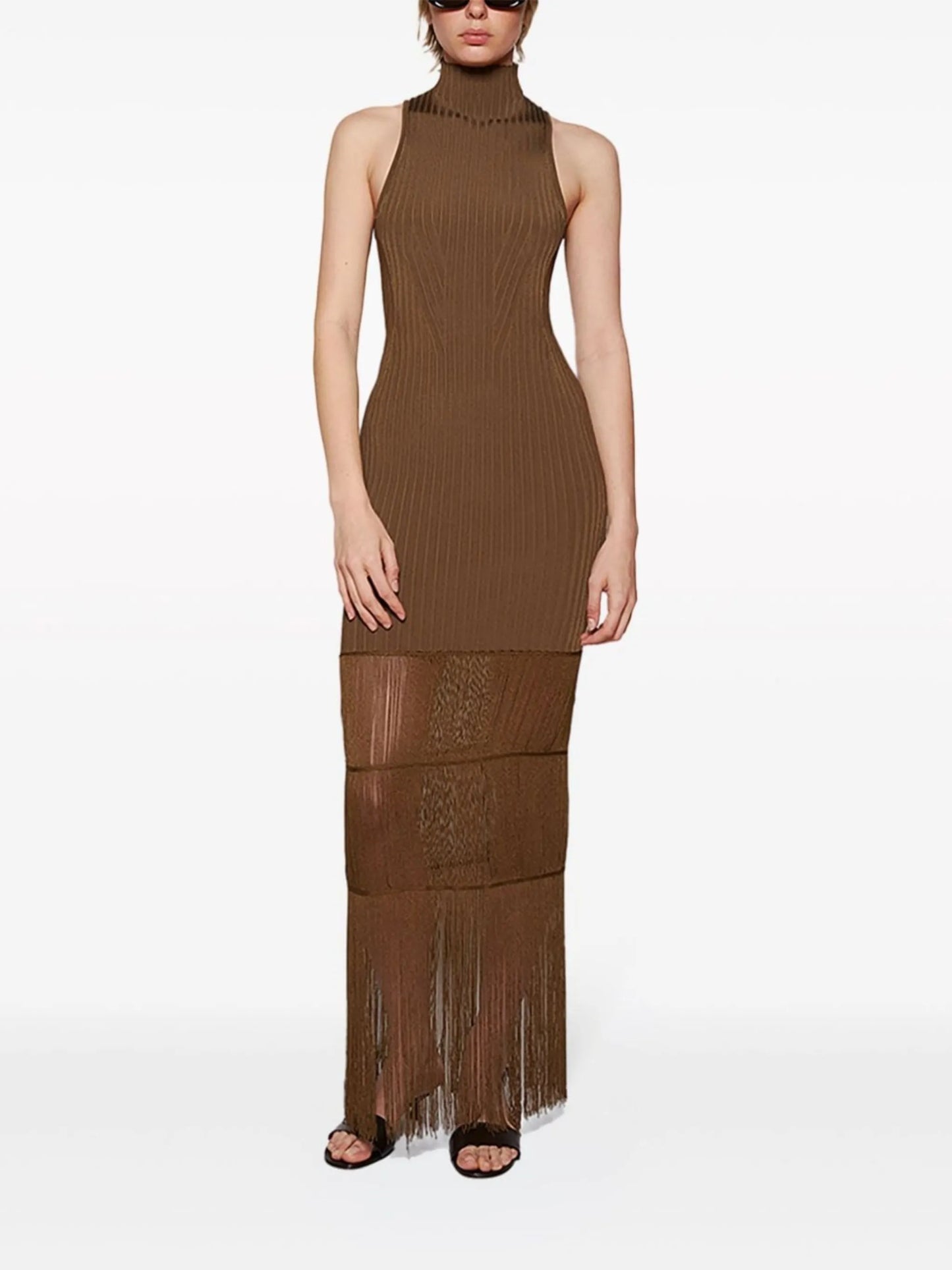 Zare fringed ribbed-knit maxi dress