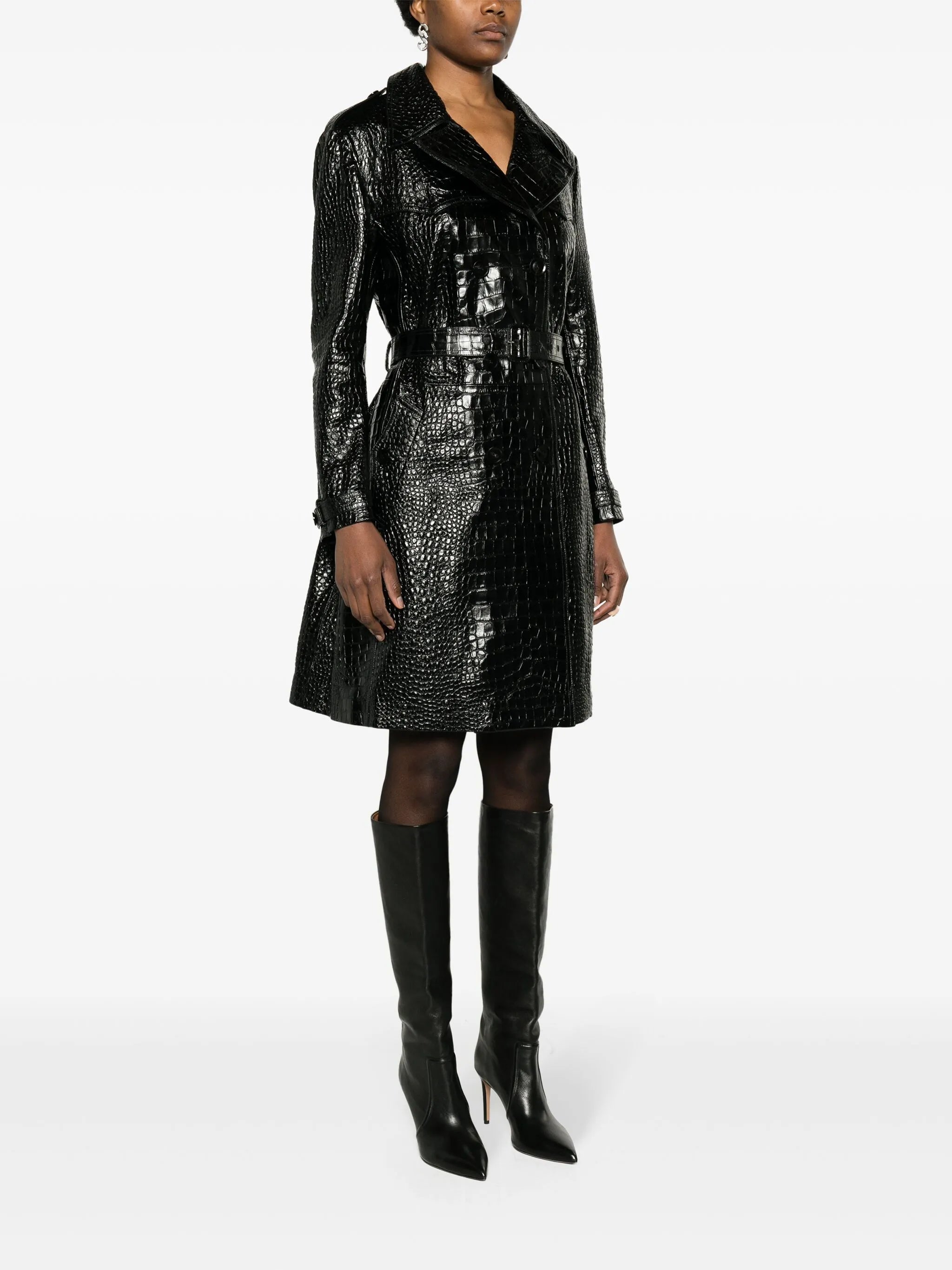 crocodile-effect leather trench coat