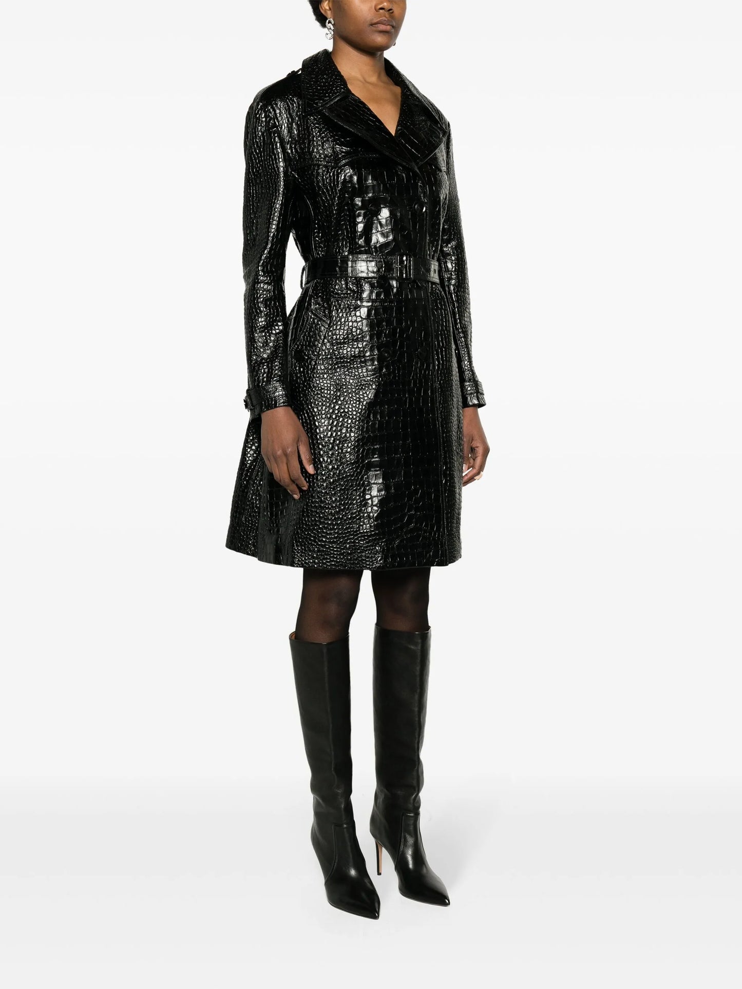 crocodile-effect leather trench coat