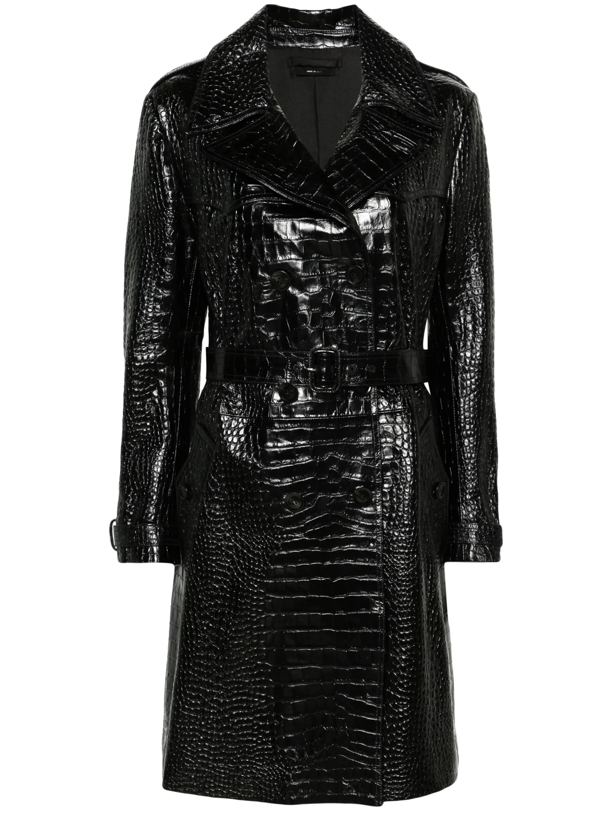 crocodile-effect leather trench coat