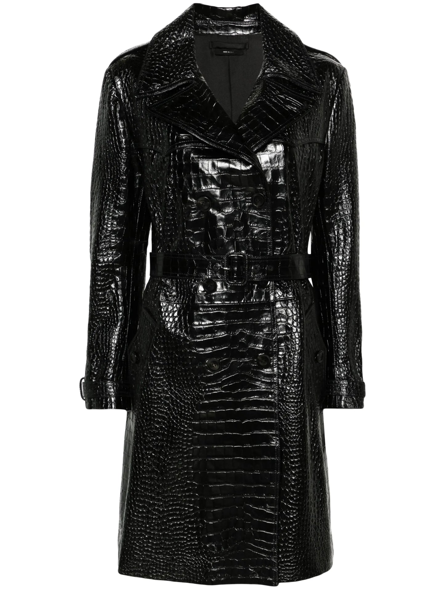 crocodile-effect leather trench coat