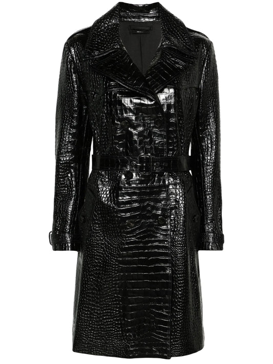 crocodile-effect leather trench coat