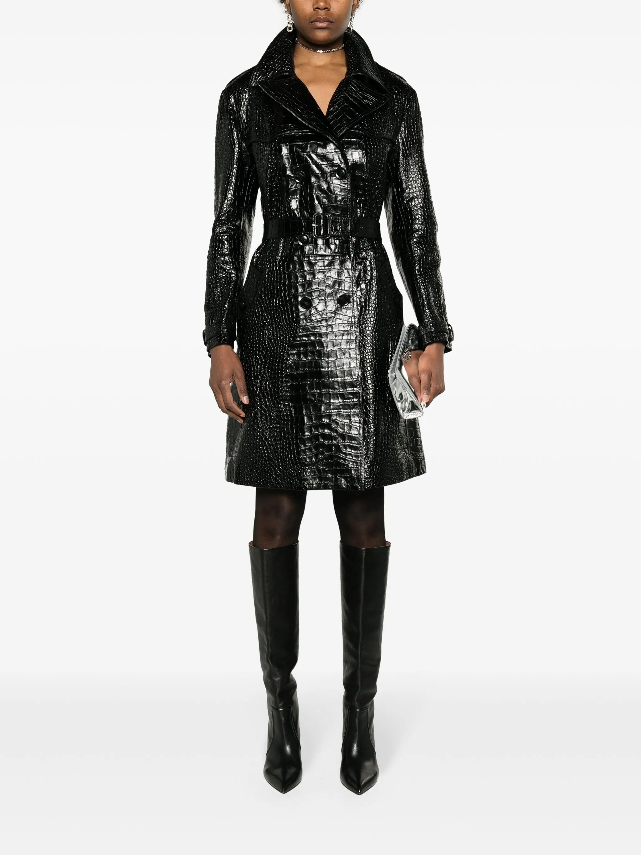 crocodile-effect leather trench coat