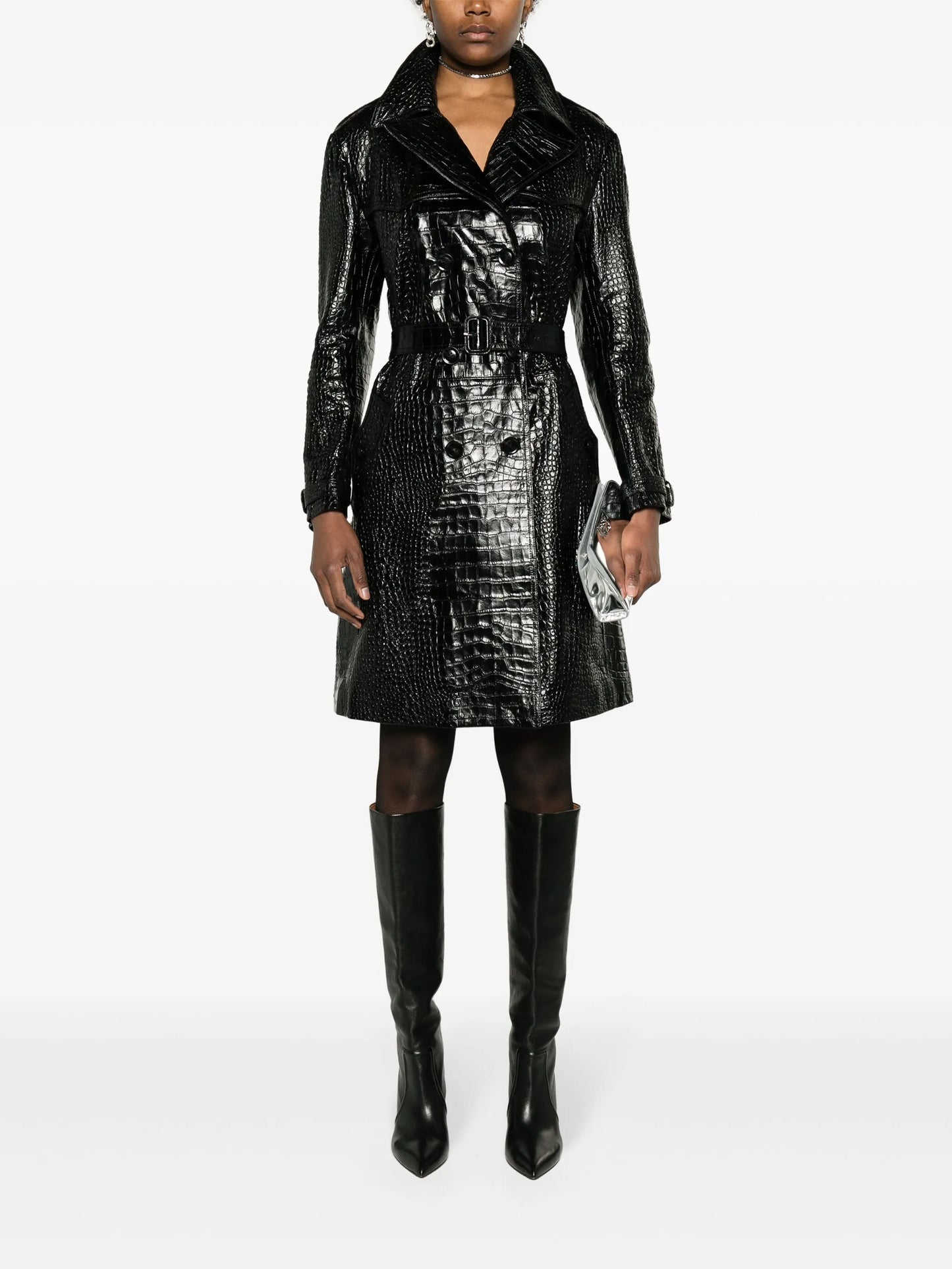 crocodile-effect leather trench coat