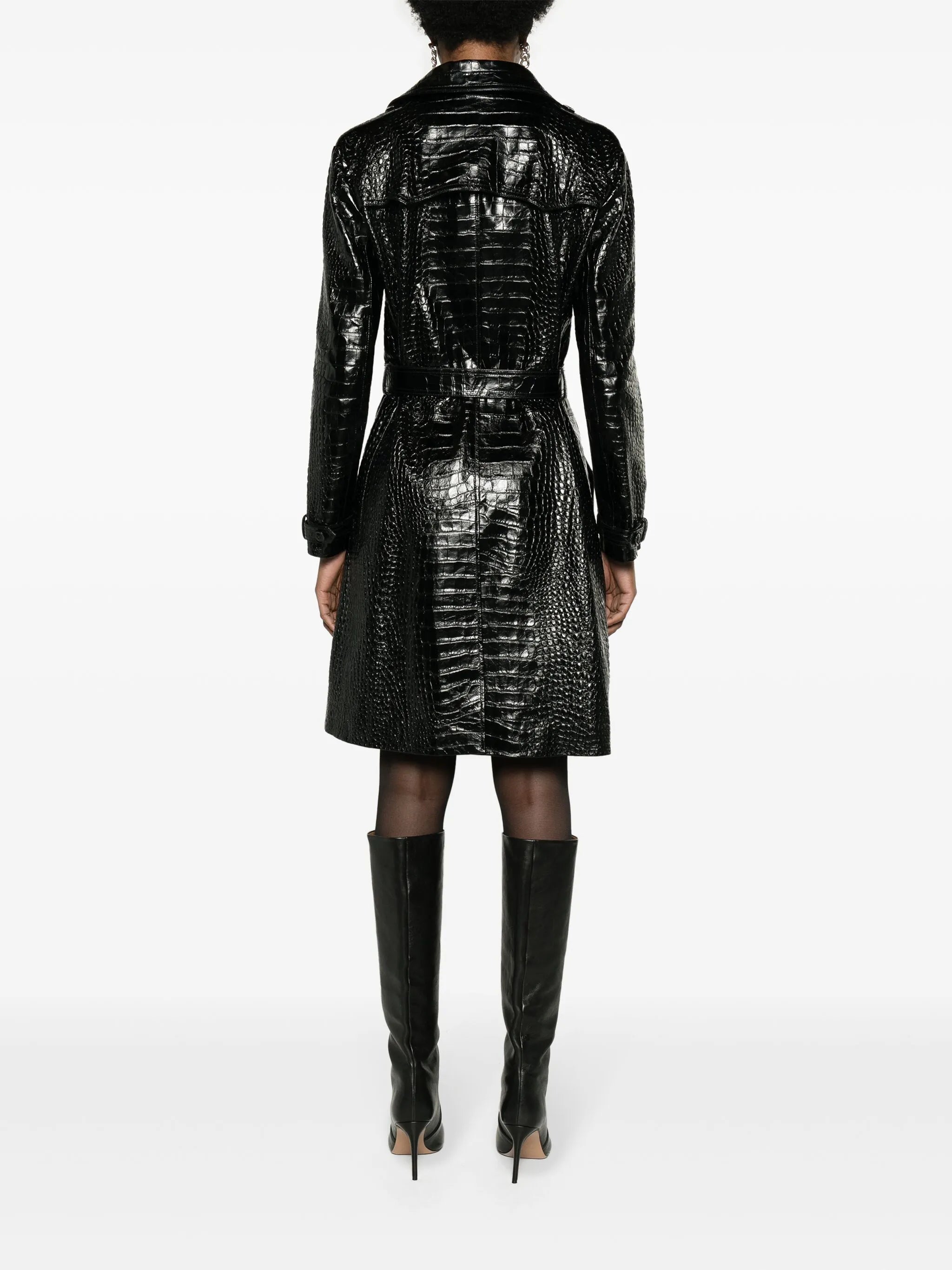 crocodile-effect leather trench coat