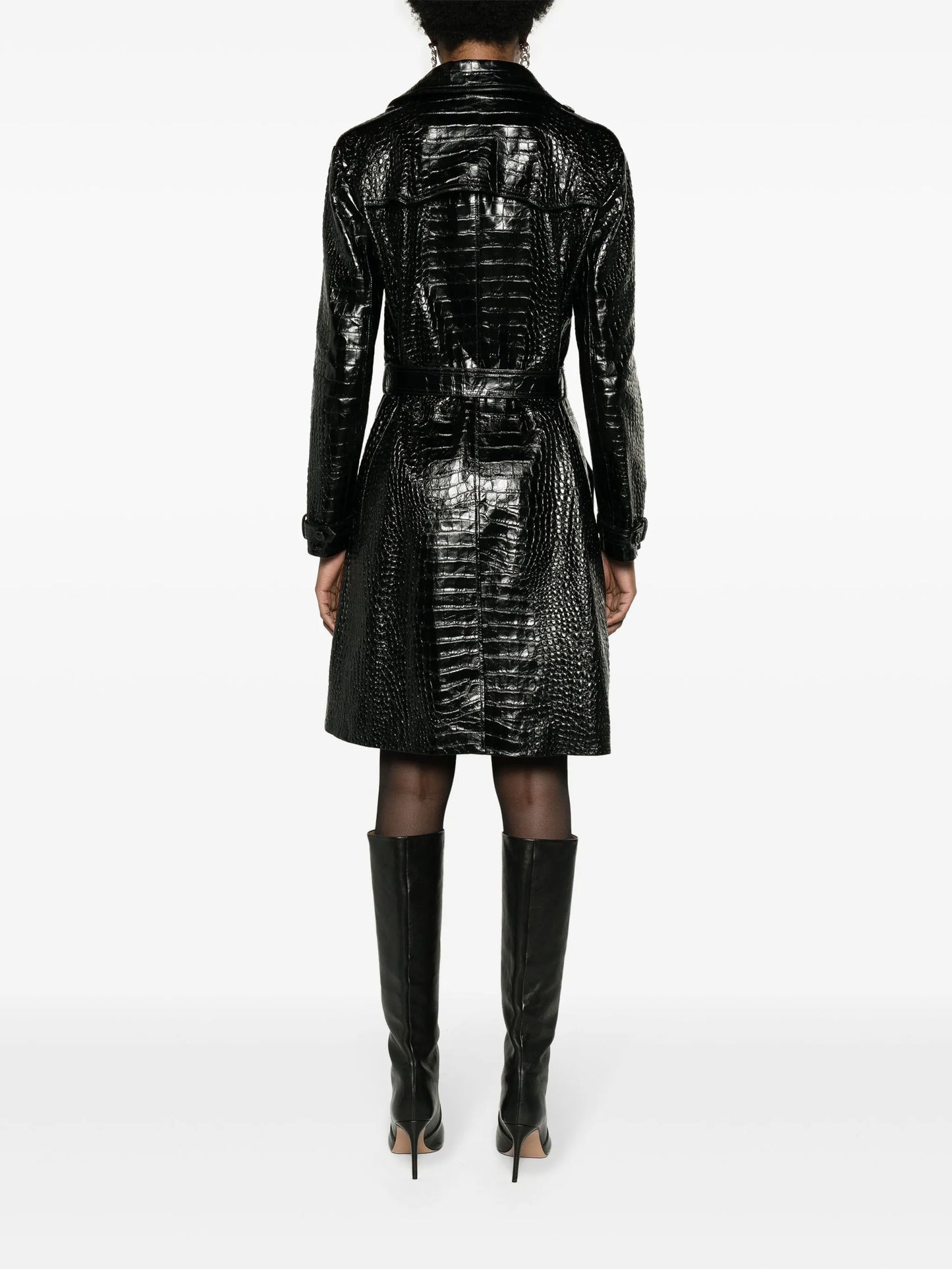 crocodile-effect leather trench coat