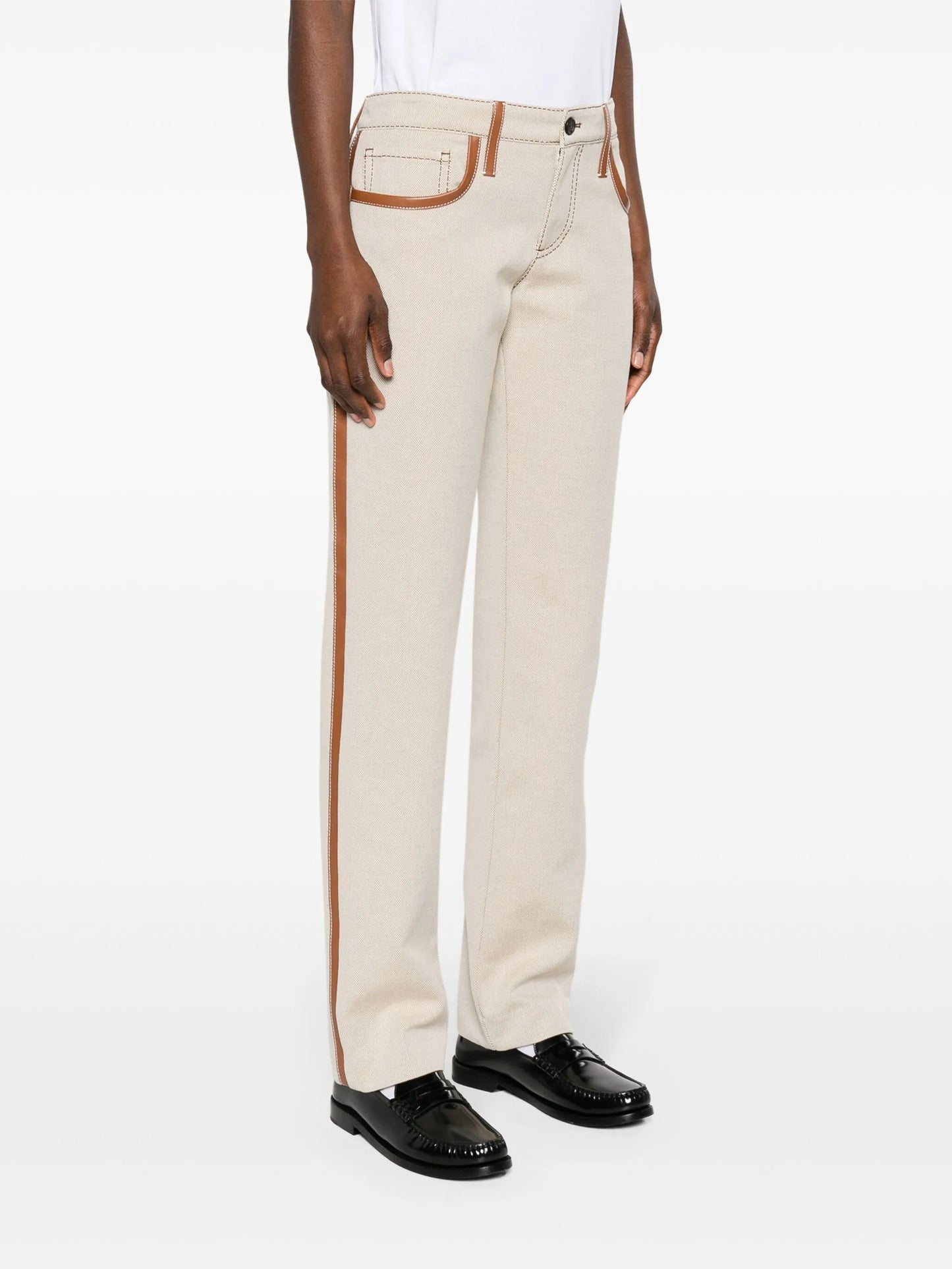 leather-trim canvas trousers