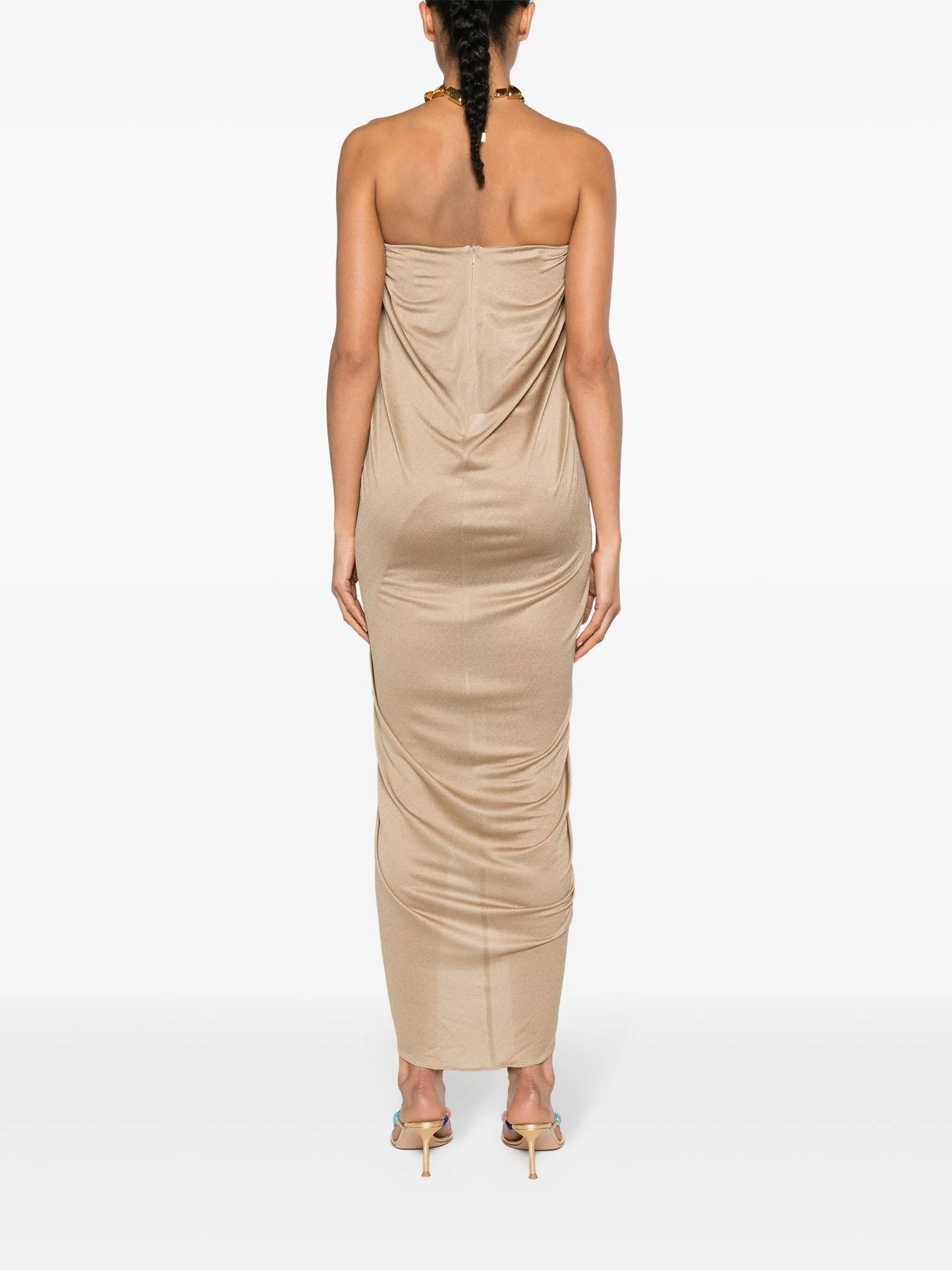 Butterfly-pin draped gown