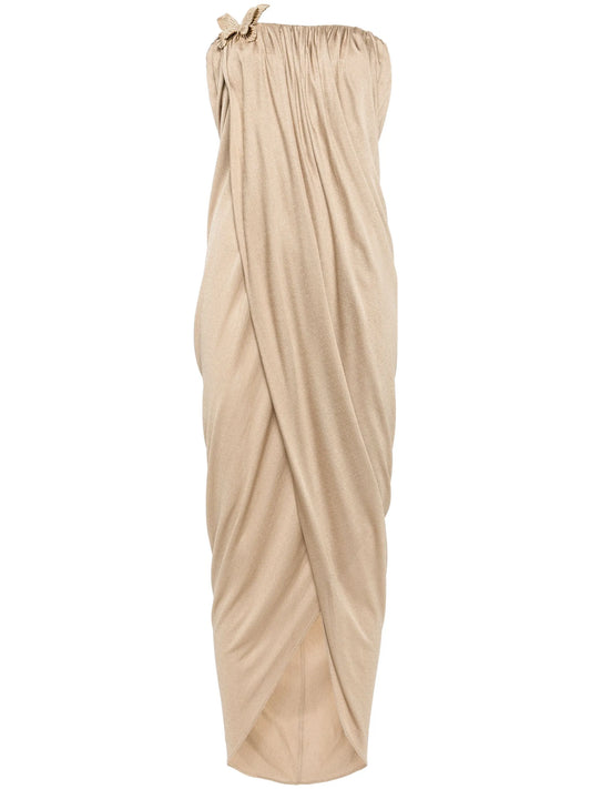Butterfly-pin draped gown