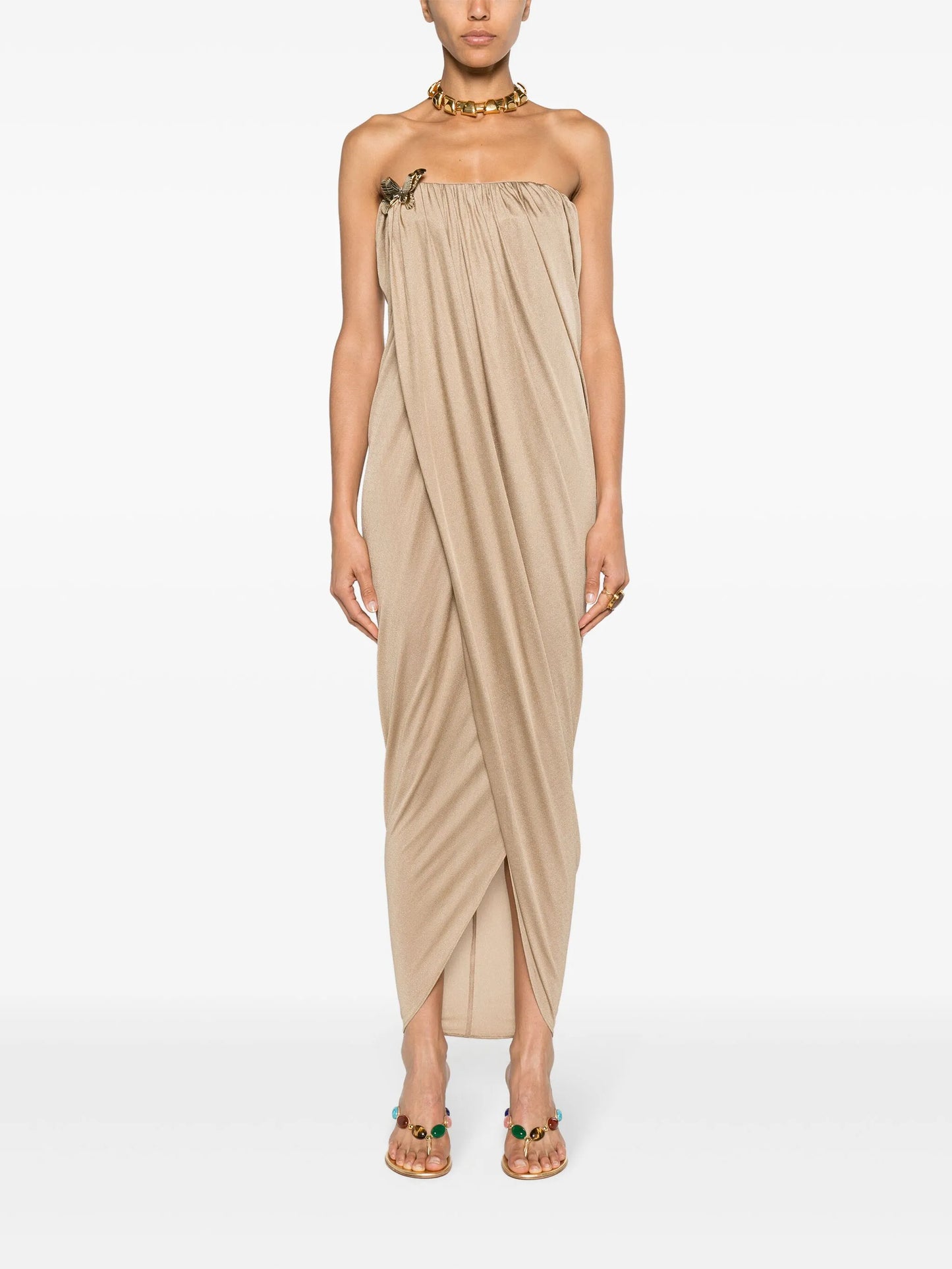 Butterfly-pin draped gown