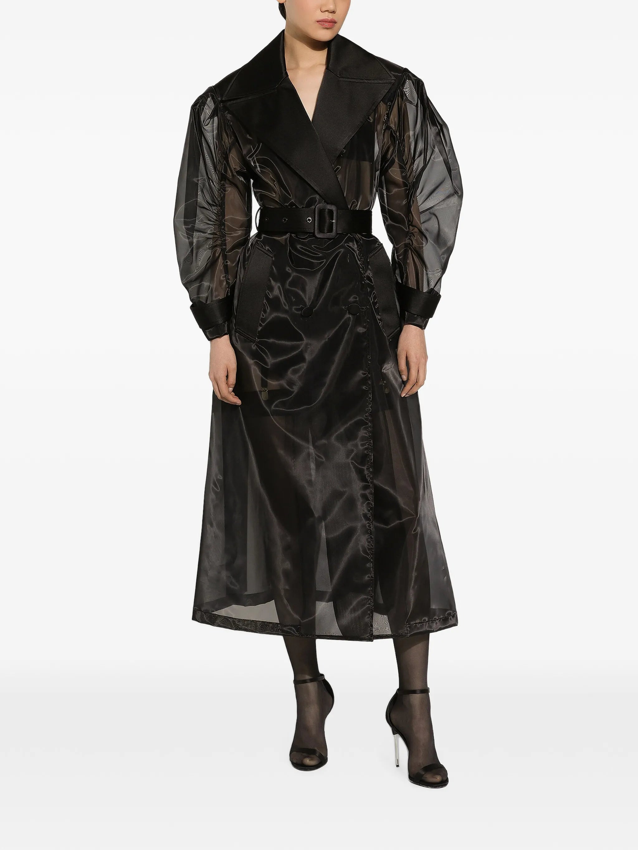 long double-breasted organza trench-coat