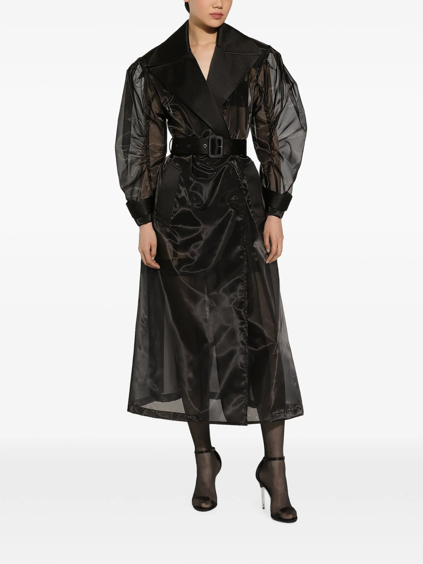 long double-breasted organza trench-coat