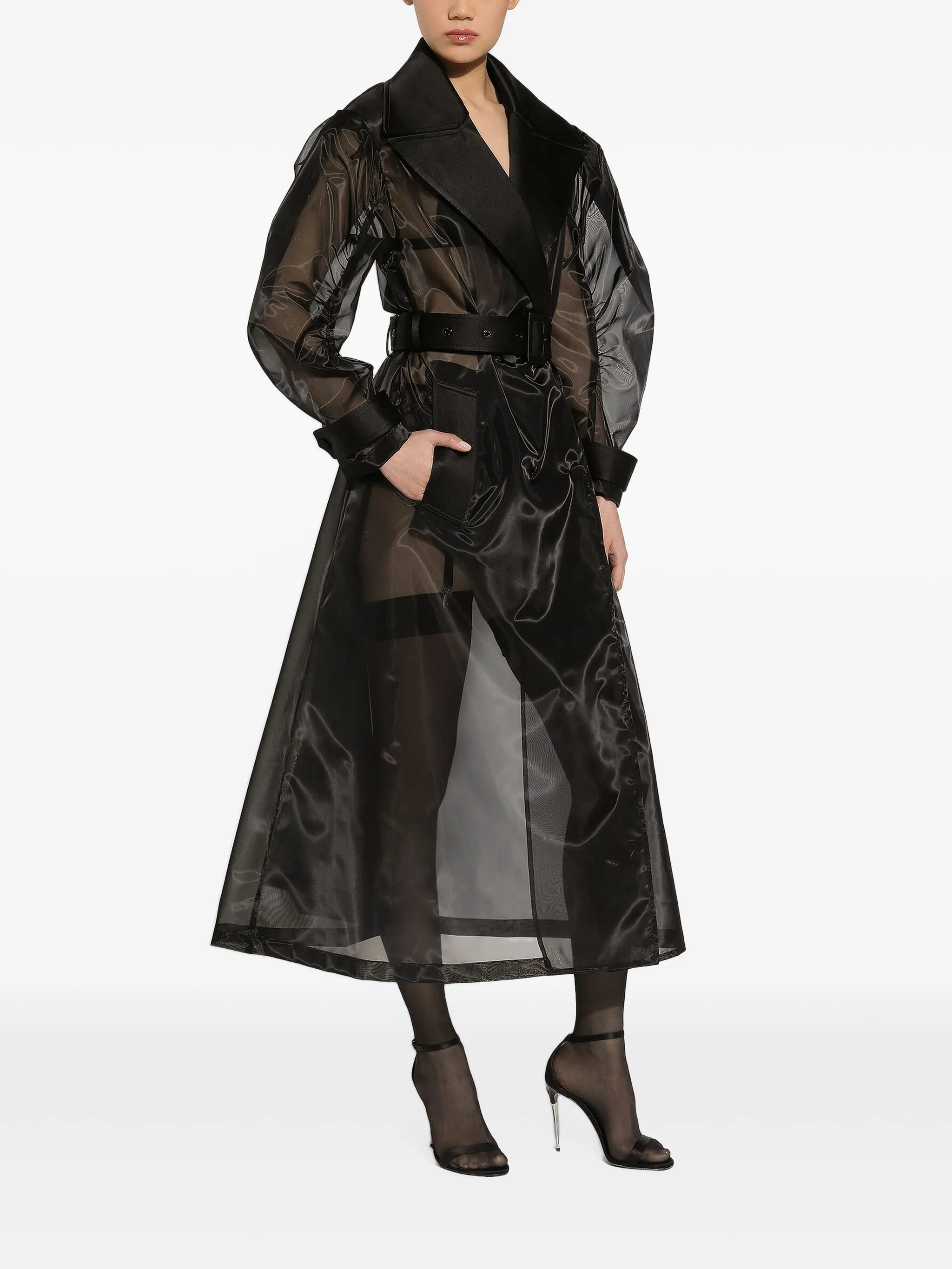 long double-breasted organza trench-coat