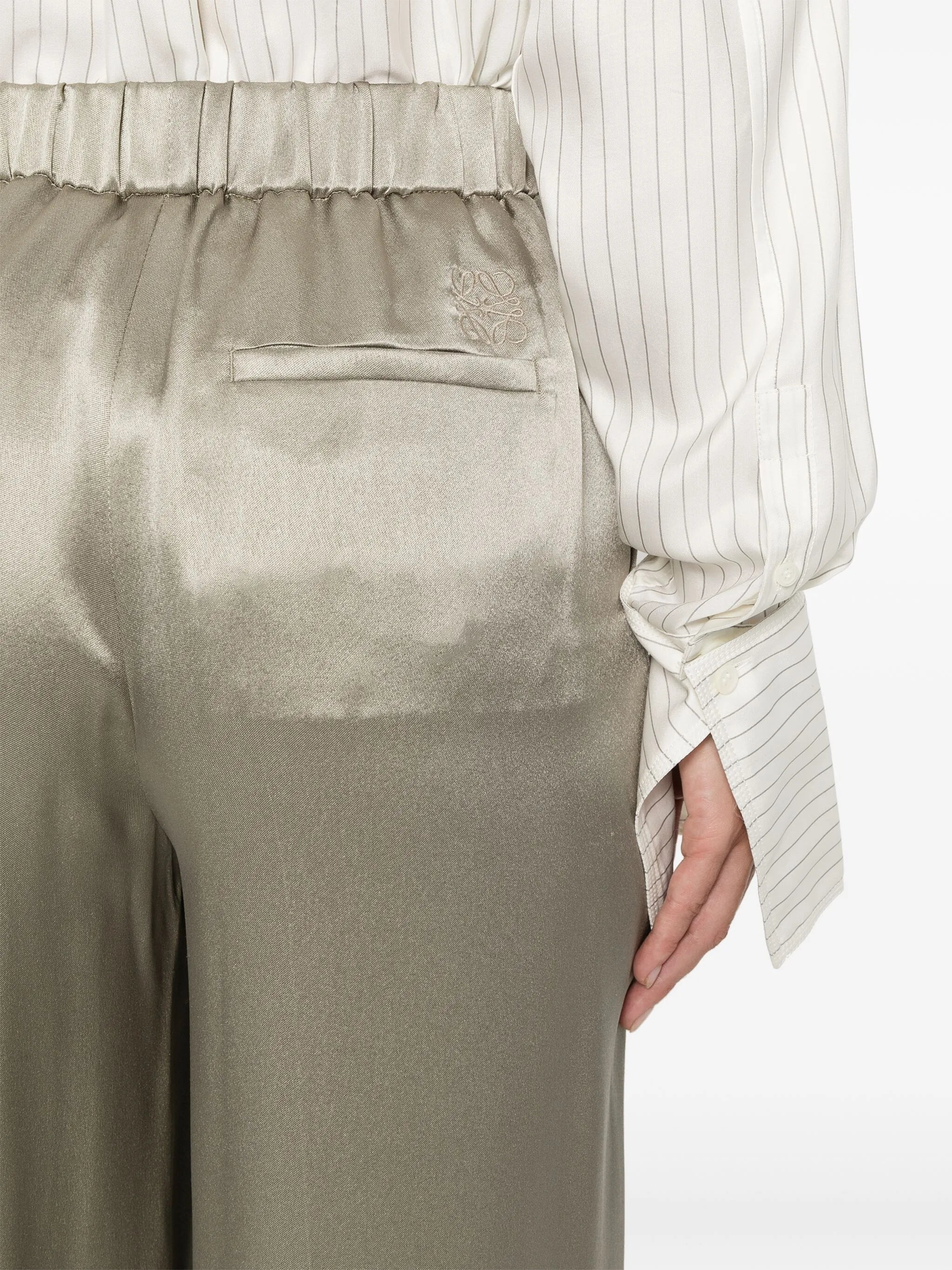 Anagram-embroidered satin trousers