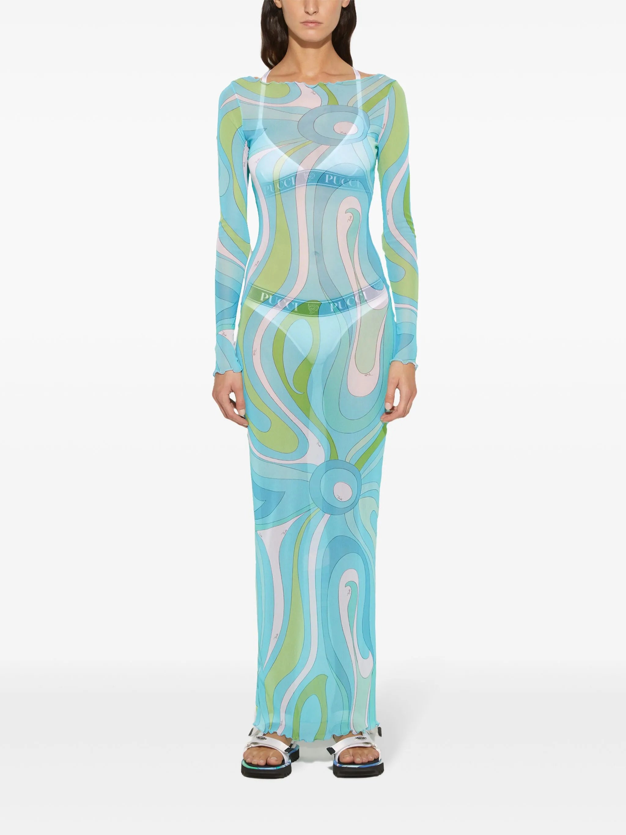 Marmo-print semi-sheer maxi dress
