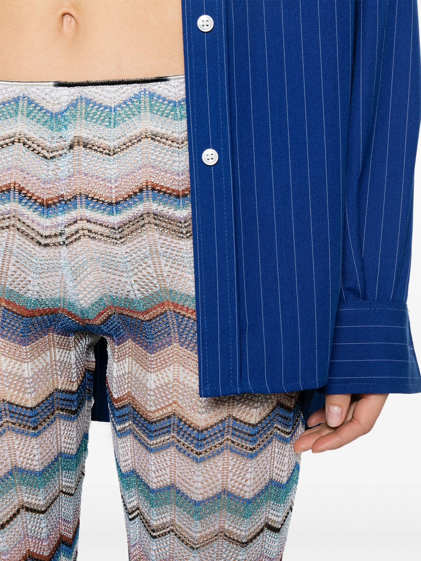 crochet-knit flared trousers