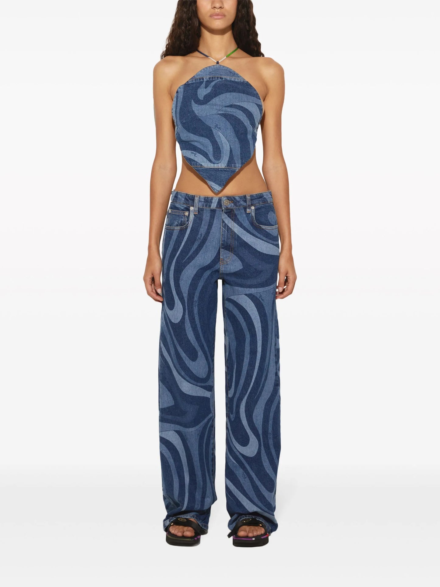 Marmo-print denim top