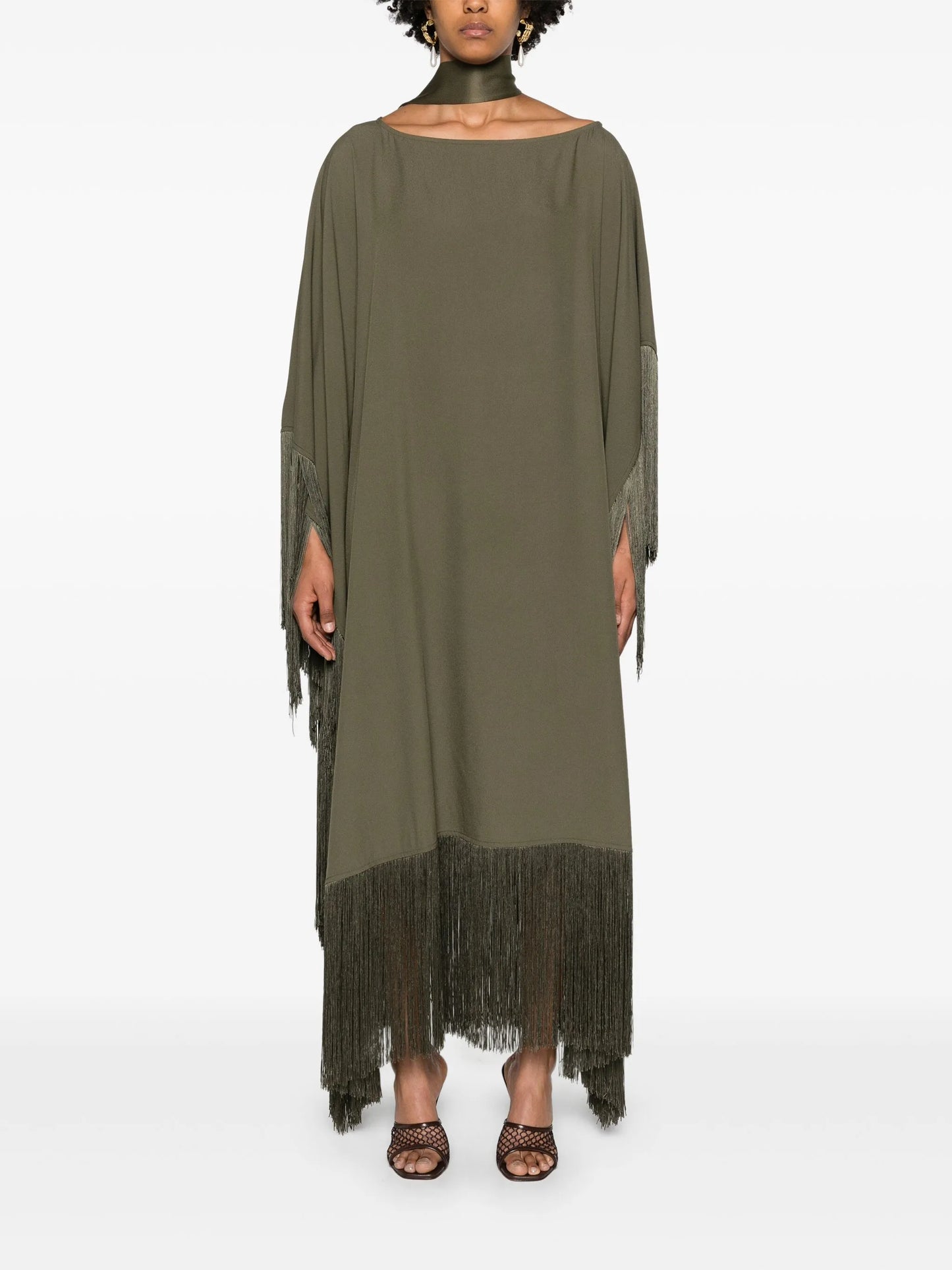 fringe-detail crepe kaftan dress