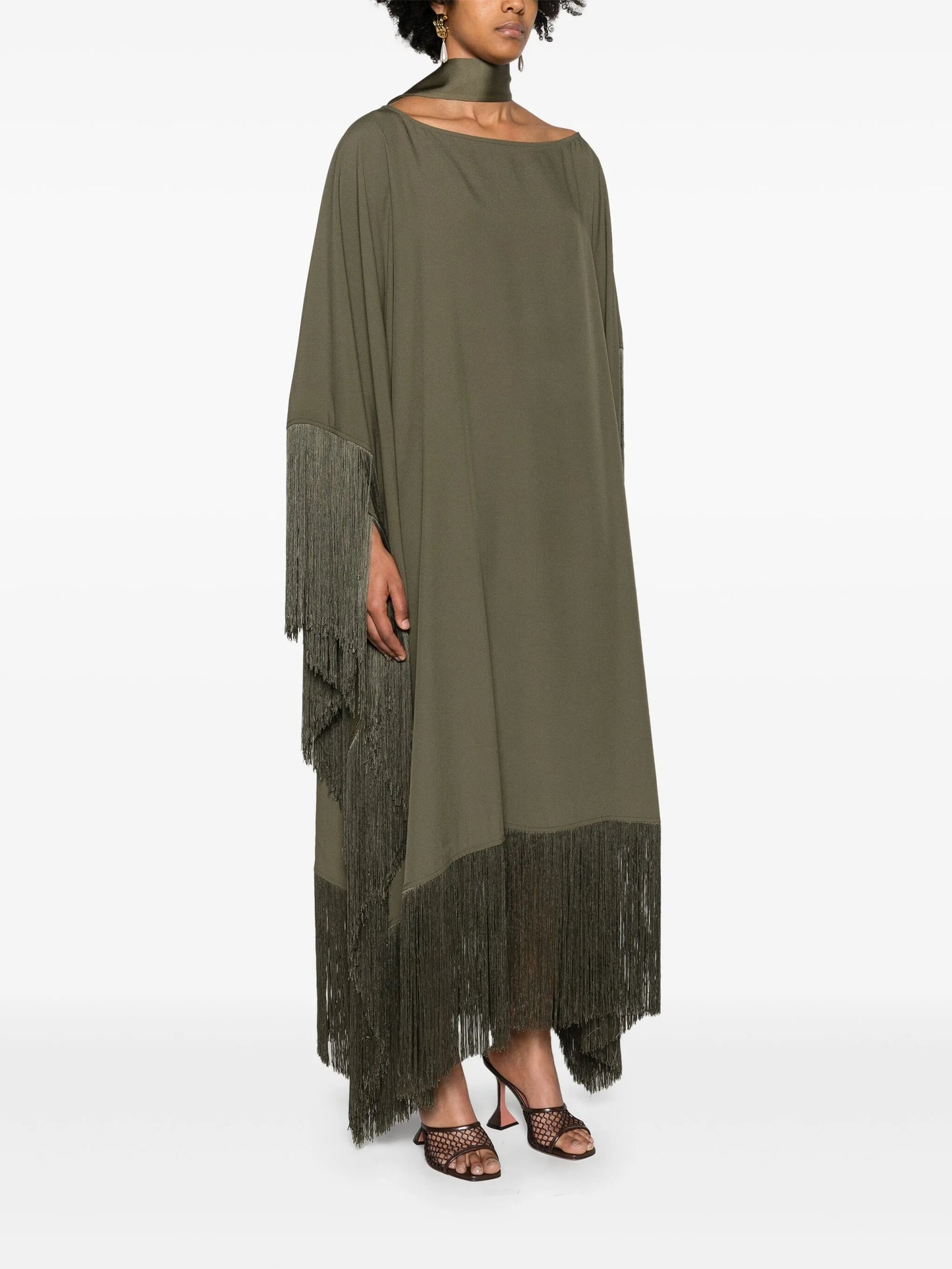 fringe-detail crepe kaftan dress