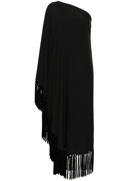 one-shoulder fringed midi dress