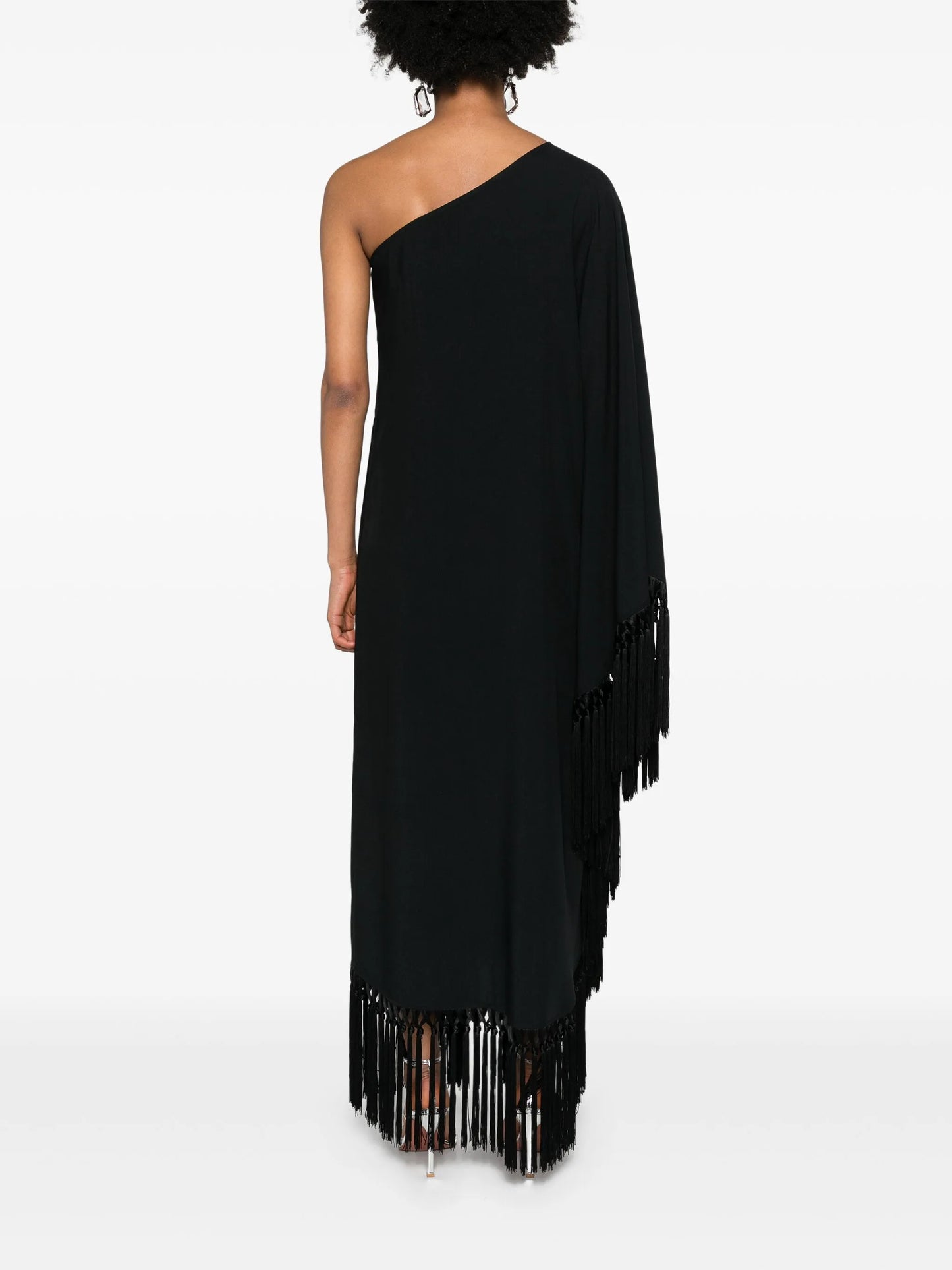 one-shoulder fringed midi dress