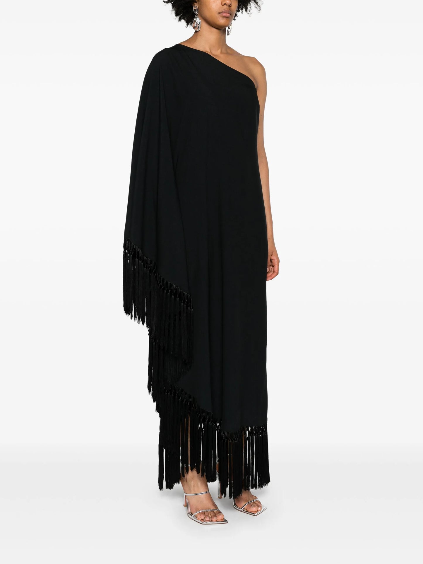one-shoulder fringed midi dress