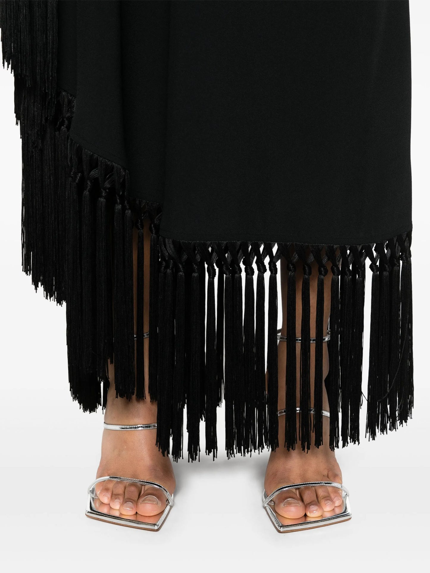 one-shoulder fringed midi dress