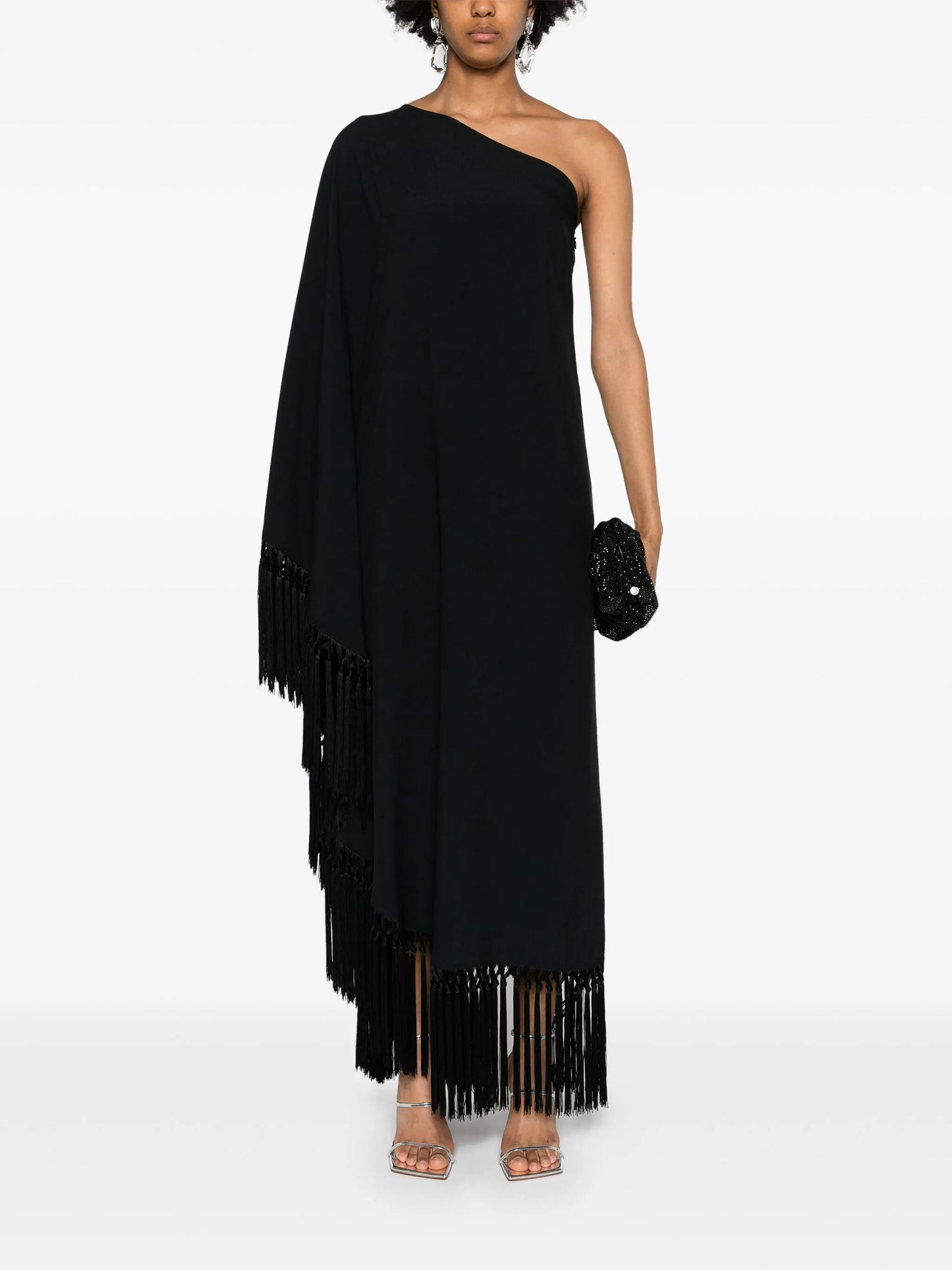 one-shoulder fringed midi dress
