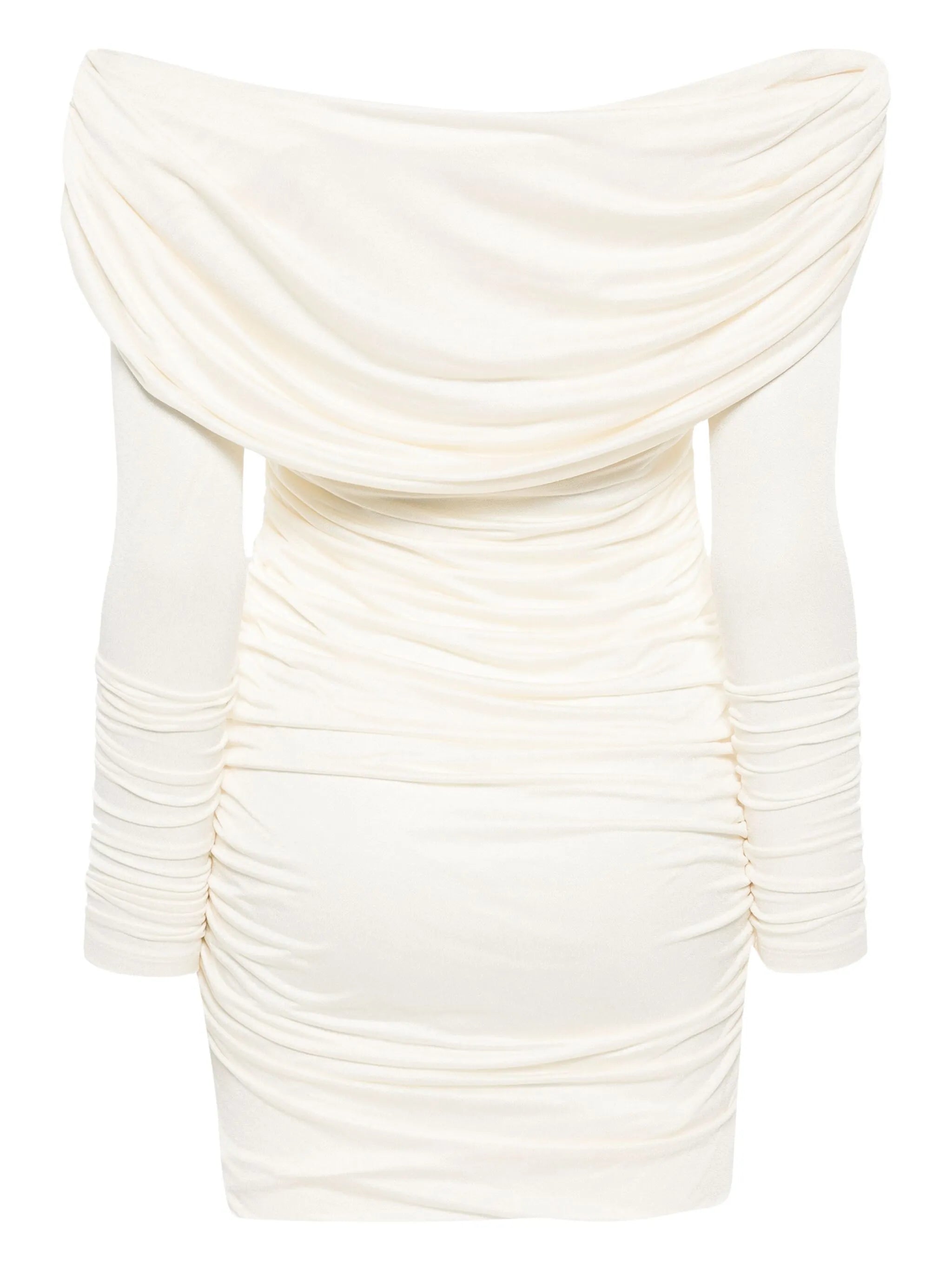 off-shoulder ruched mini dress