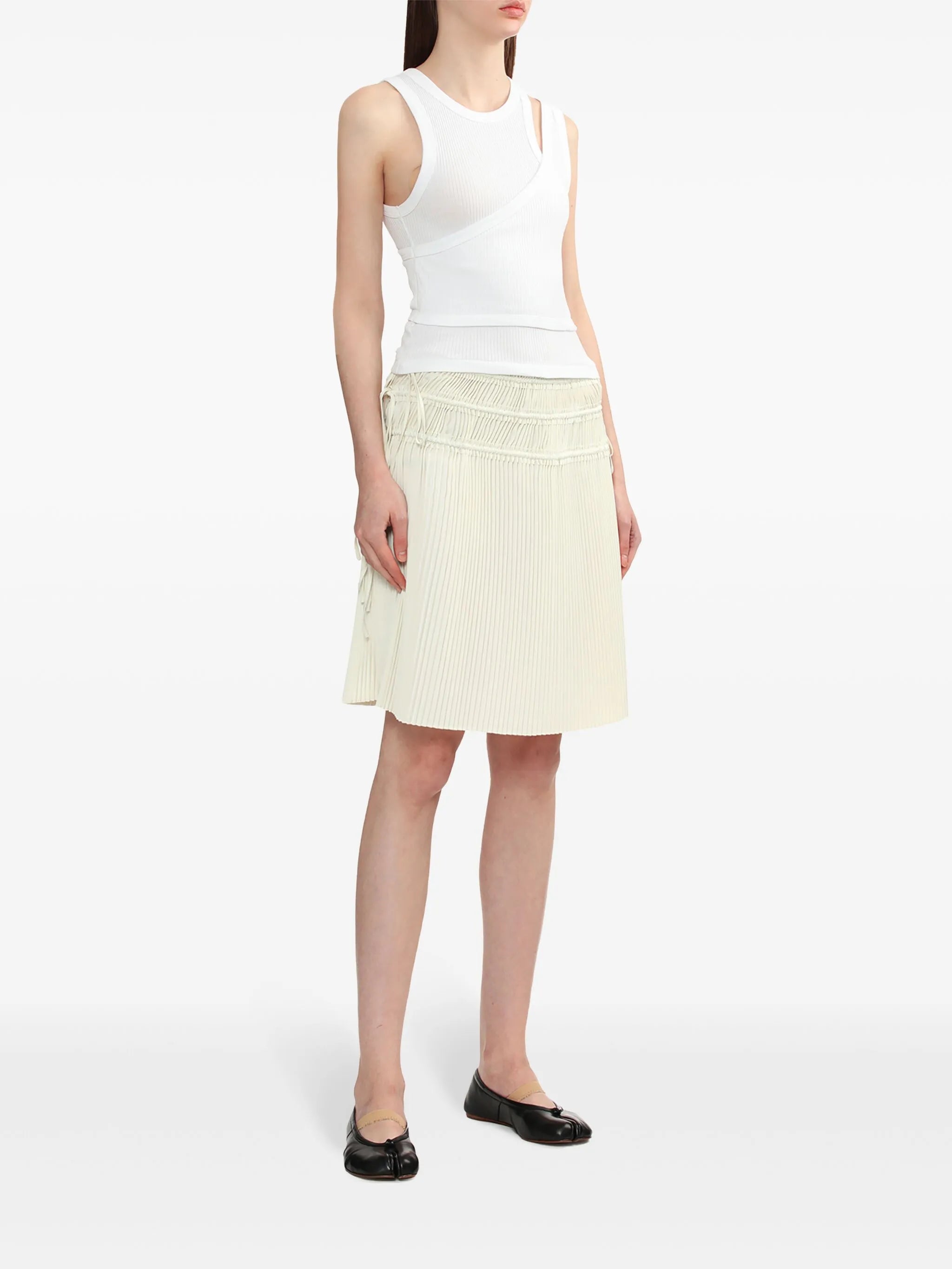 strap-detail pleated midi skirt
