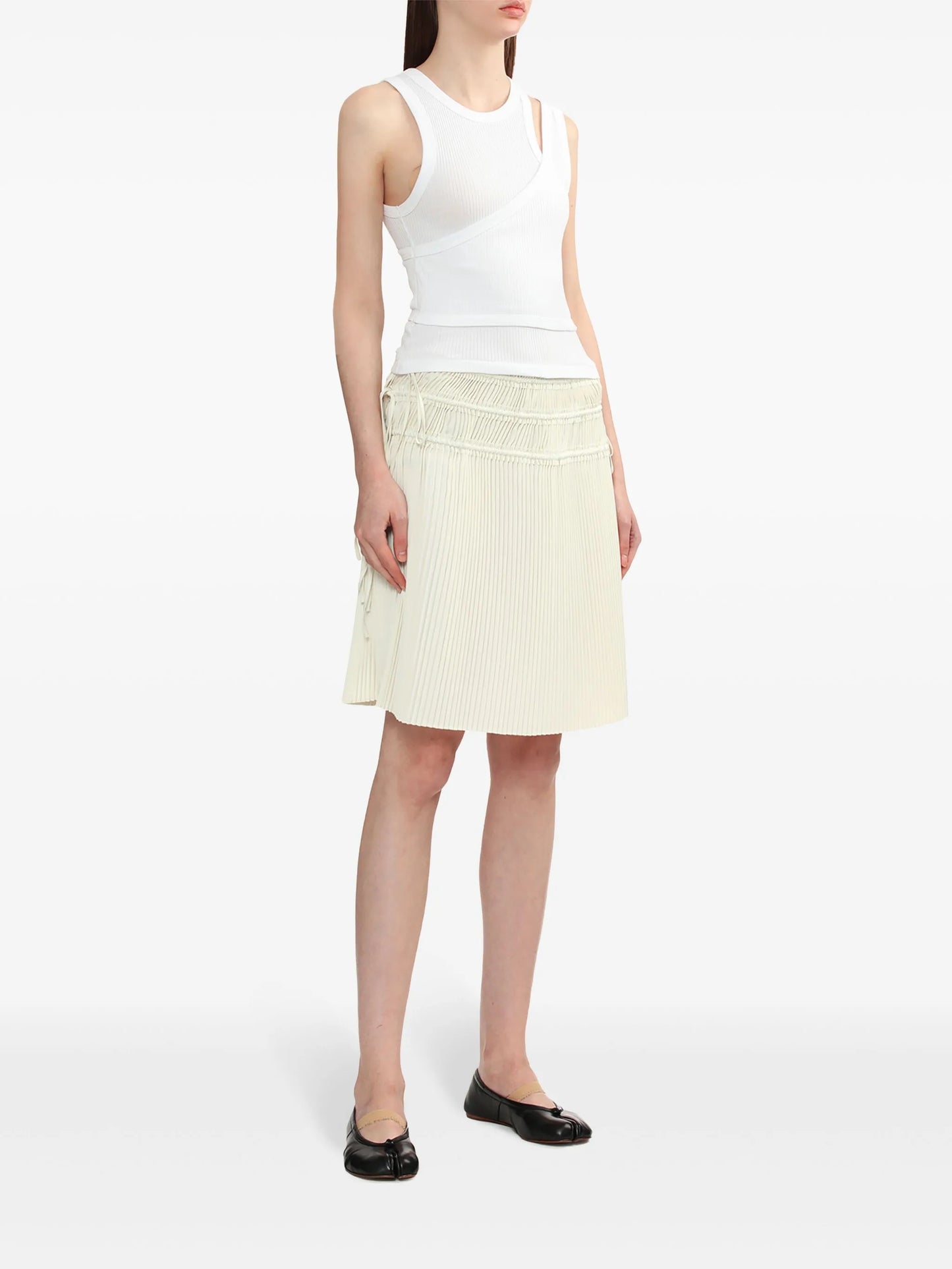 strap-detail pleated midi skirt
