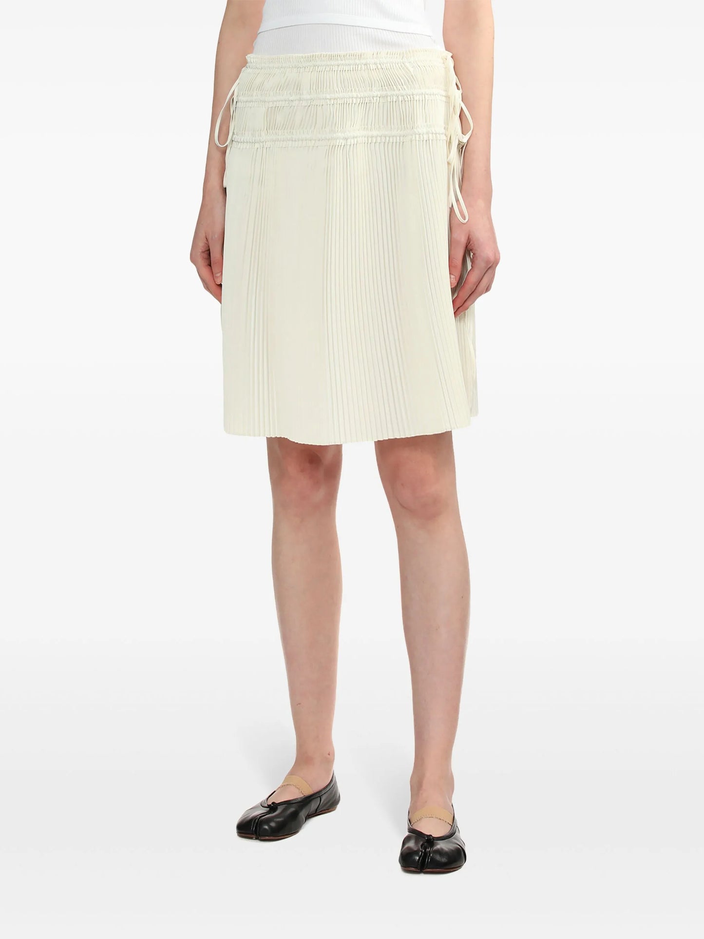 strap-detail pleated midi skirt