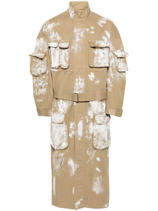 paint-splatter cargo trench coat